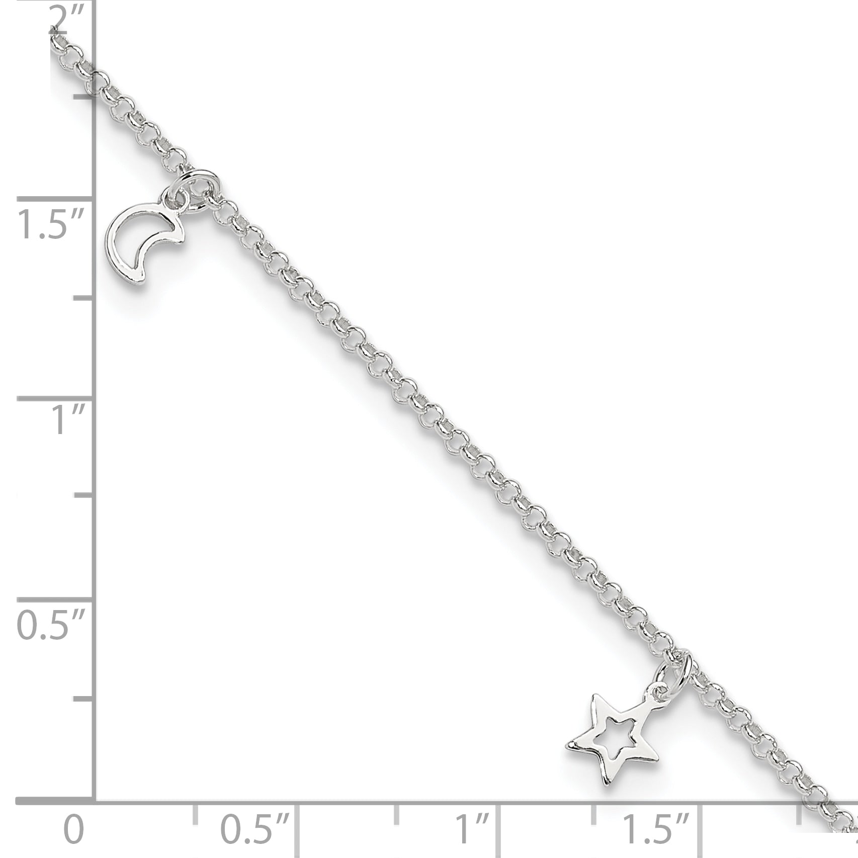 Sterling Silver Moon and Stars 9 inch Plus 1 inch Extender - Total 10 inch Anklet