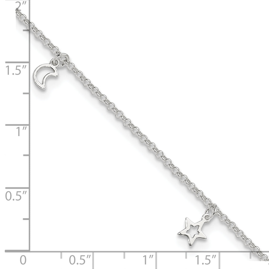 Sterling Silver Moon and Stars 9 inch Plus 1 inch Extender - Total 10 inch Anklet