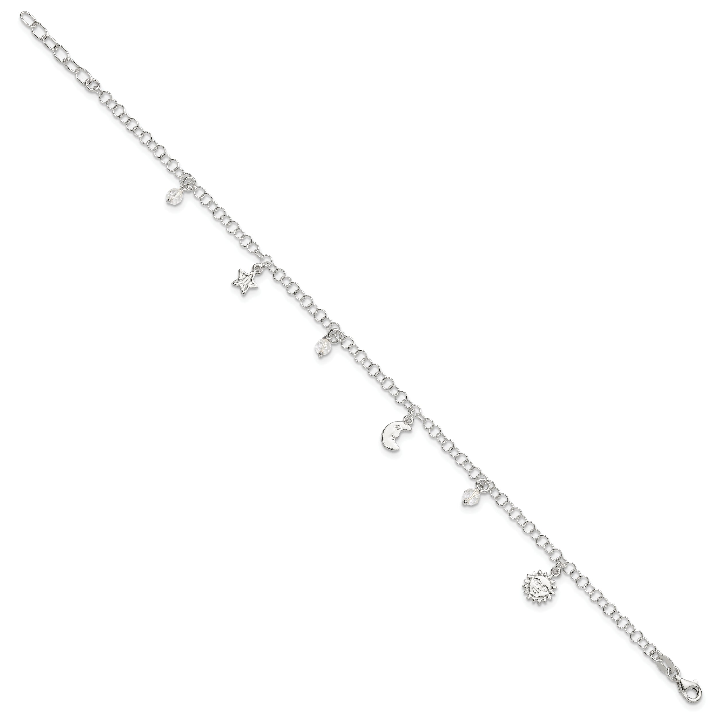 Sterling Silver Sun/Moon/Star/Crystal 10 inch Plus 1 inch Extender - Total 11 inch Anklet