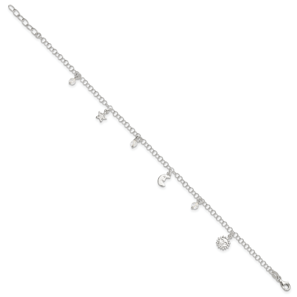 Sterling Silver Sun/Moon/Star/Crystal 10 inch Plus 1 inch Extender - Total 11 inch Anklet