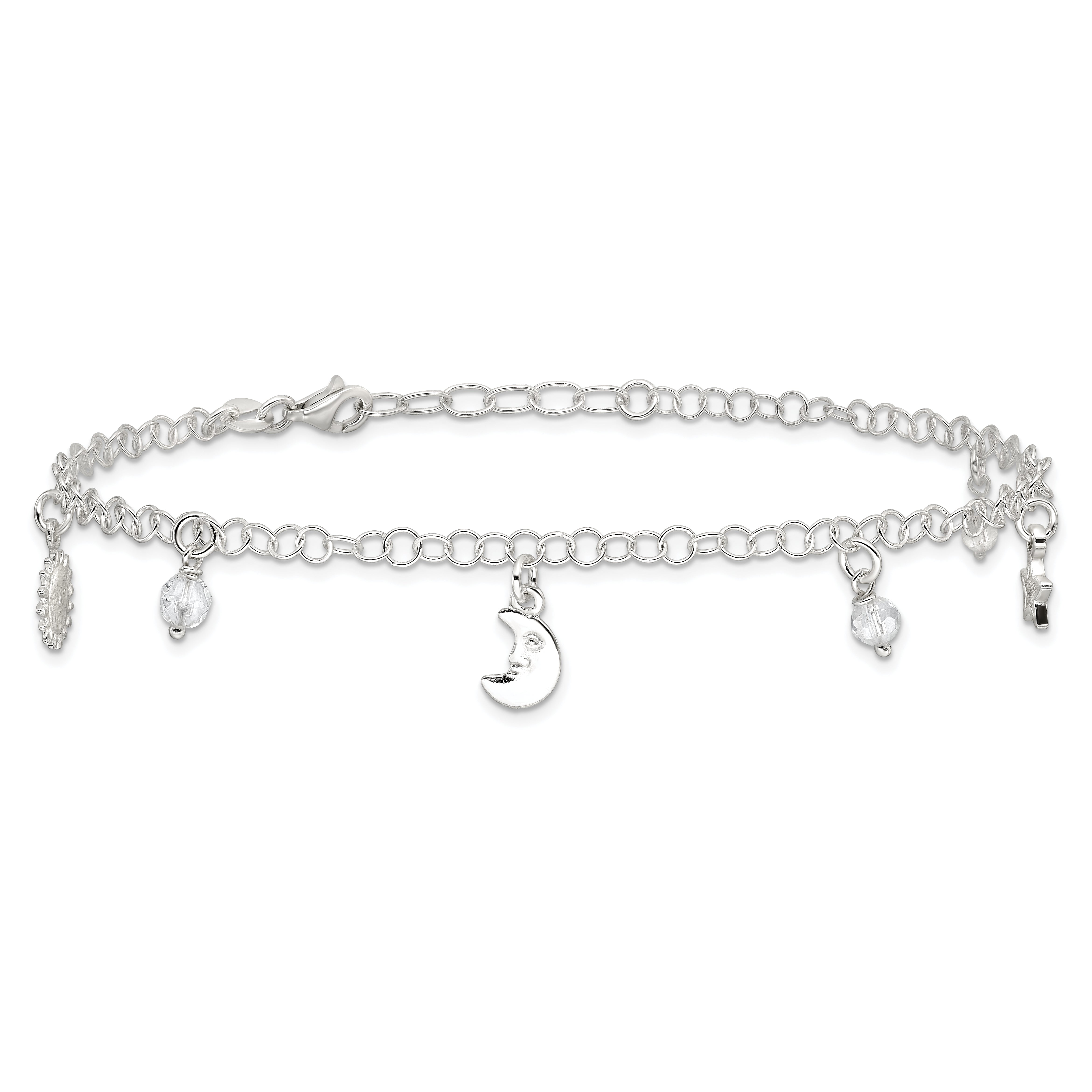 Sterling Silver Sun/Moon/Star/Crystal 10 inch Plus 1 inch Extender - Total 11 inch Anklet