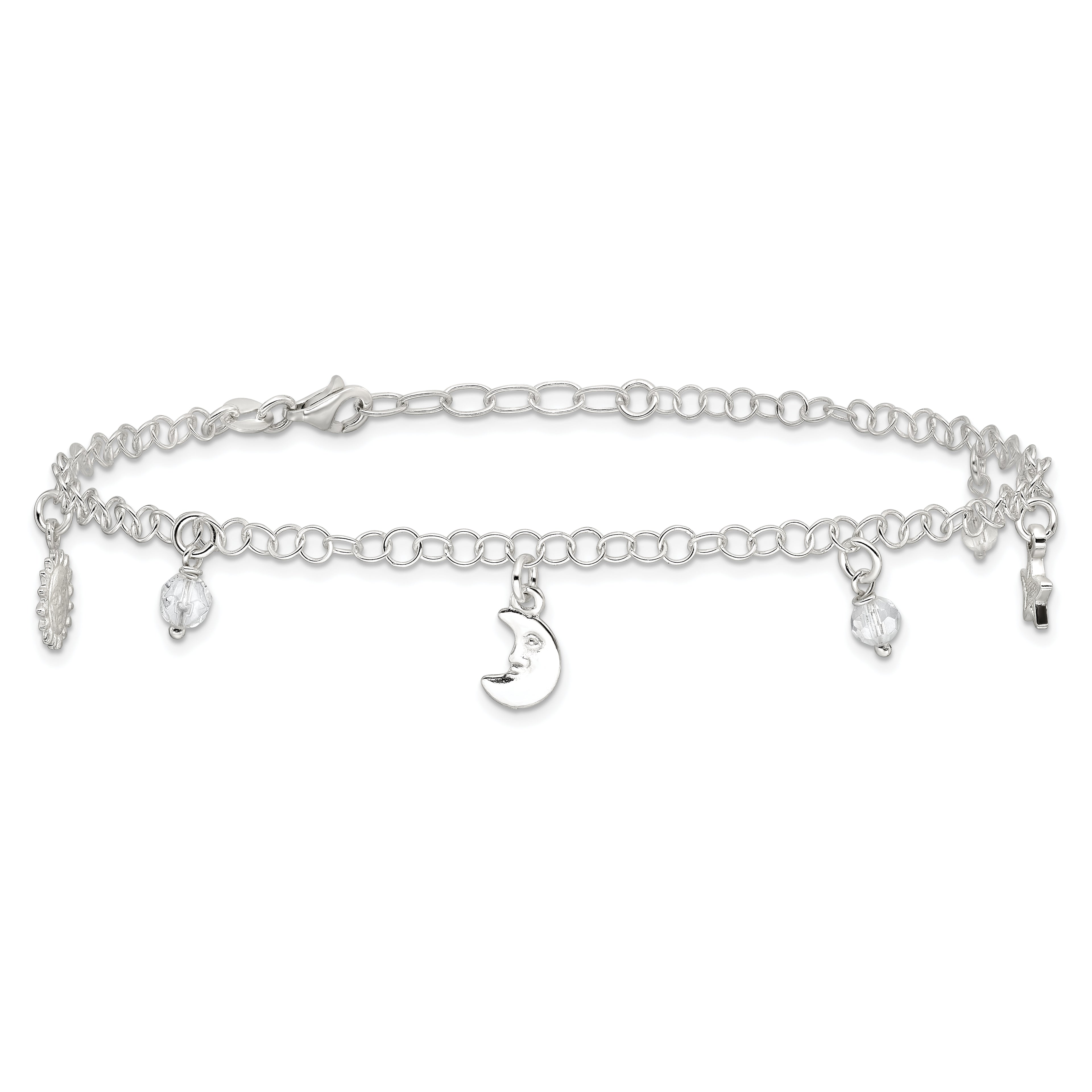 Sterling Silver Sun/Moon/Star/Crystal 10 inch Plus 1 inch Extender - Total 11 inch Anklet