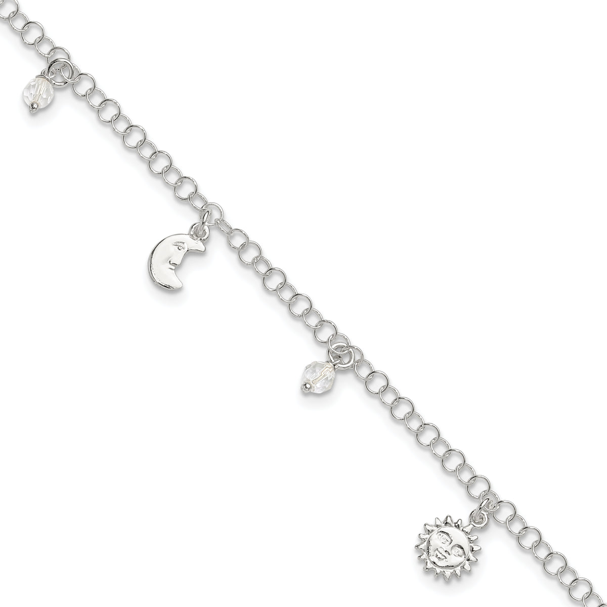 Sterling Silver Sun/Moon/Star/Crystal 10 inch Plus 1 inch Extender - Total 11 inch Anklet