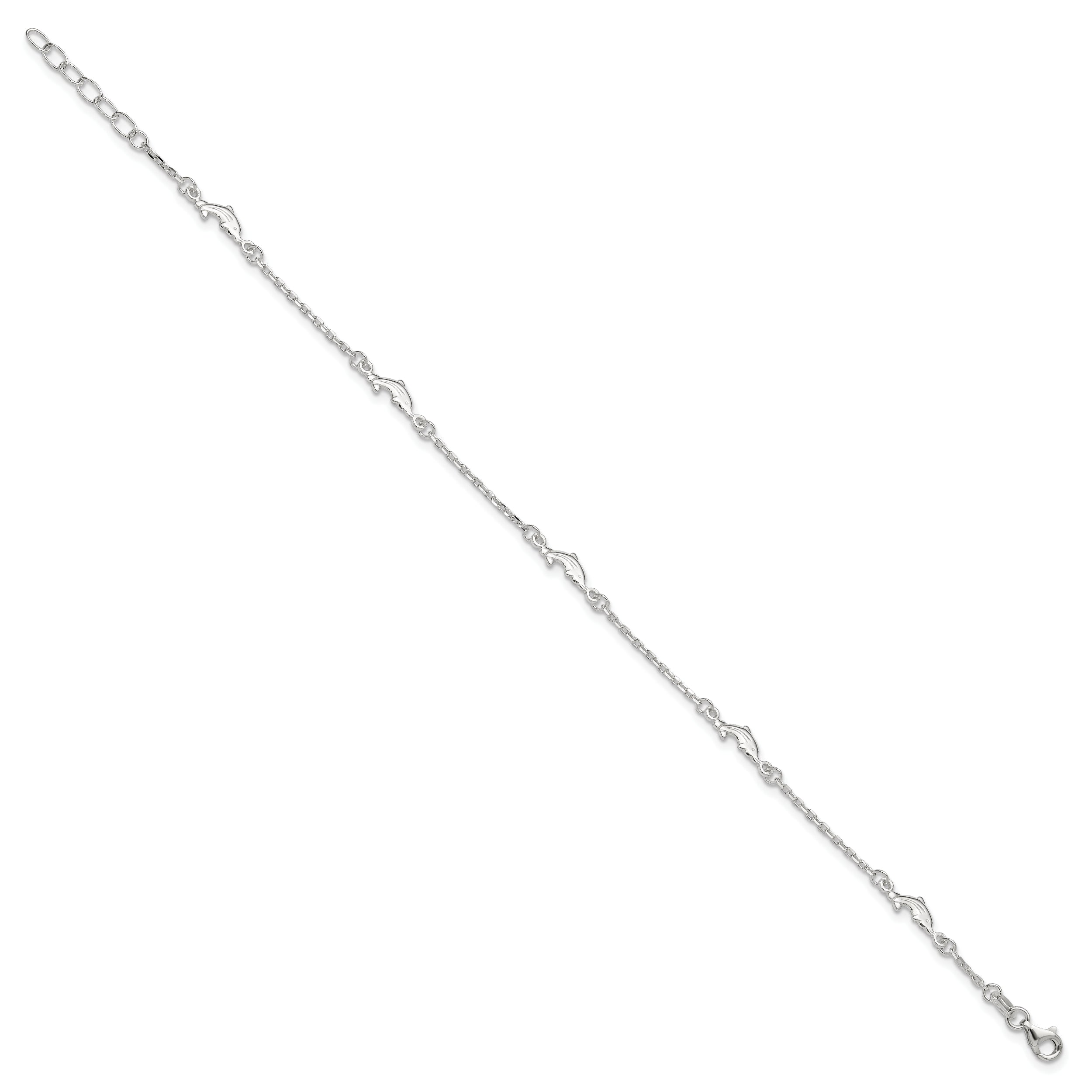 Sterling Silver Dolphin 5-Station 10 inch Plus 1 inch Extender - Total 11 inch Anklet