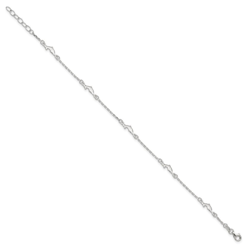 Sterling Silver Dolphin 5-Station 10 inch Plus 1 inch Extender - Total 11 inch Anklet