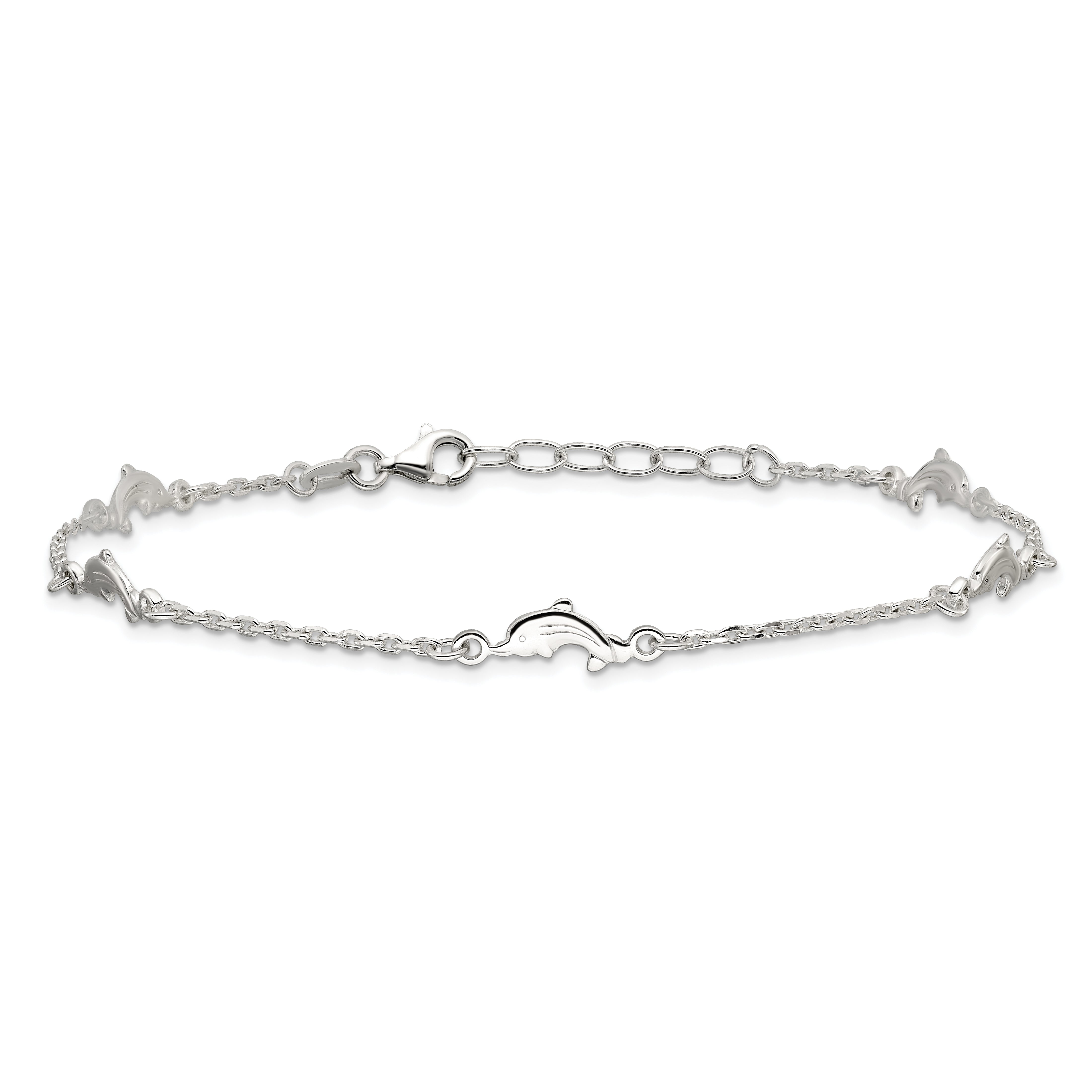 Sterling Silver Dolphin 5-Station 10 inch Plus 1 inch Extender - Total 11 inch Anklet
