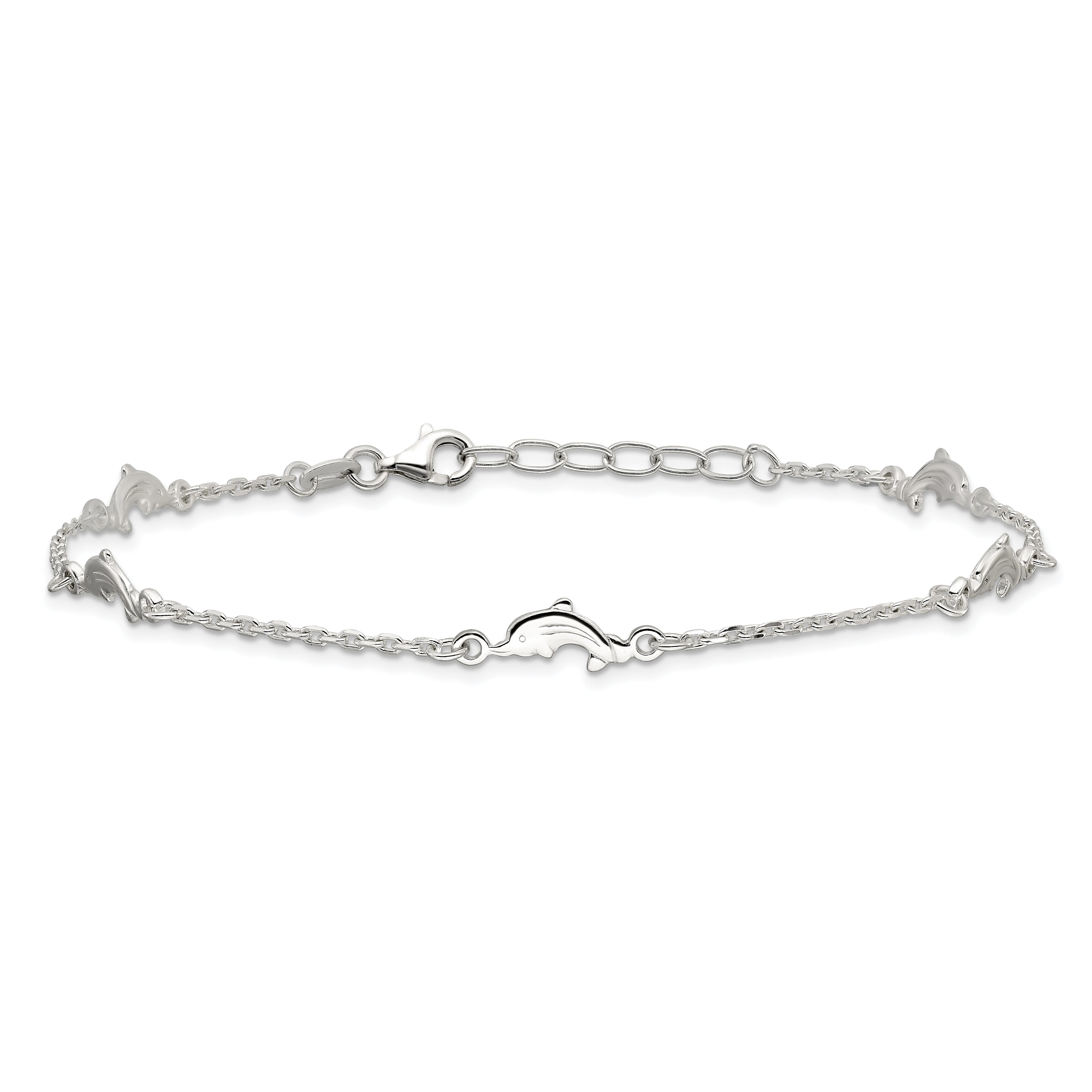 Sterling Silver Dolphin 5-Station 10 inch Plus 1 inch Extender - Total 11 inch Anklet