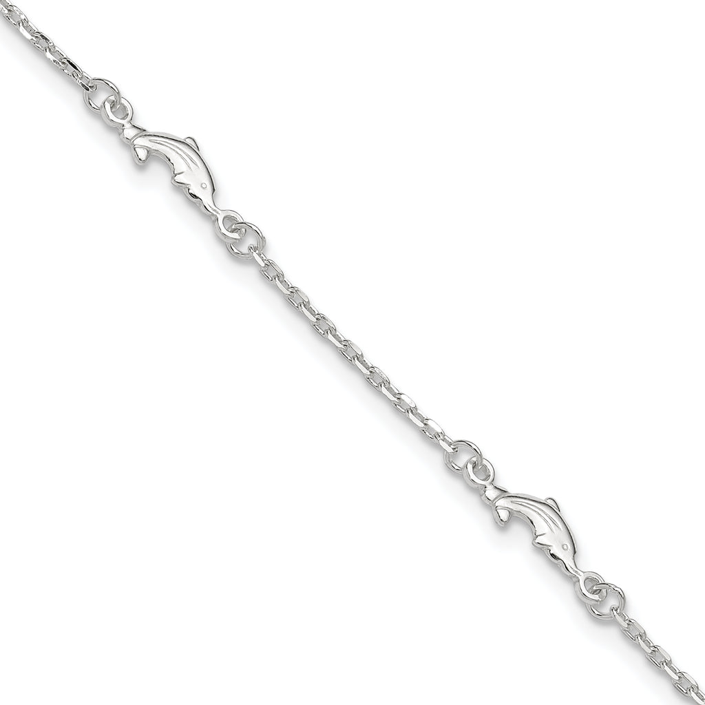Sterling Silver Dolphin 5-Station 10 inch Plus 1 inch Extender - Total 11 inch Anklet