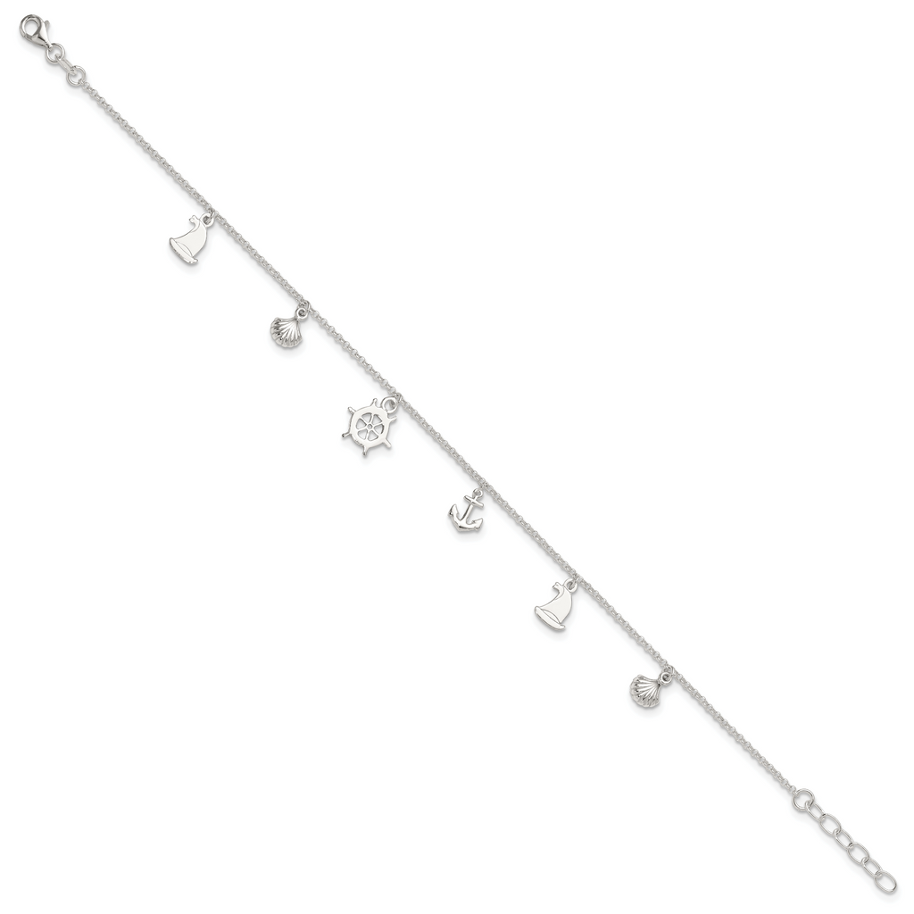 Sterling Silver Ocean Theme Charms 9 inch Plus 1 inch Extender - Total 10 inch Anklet