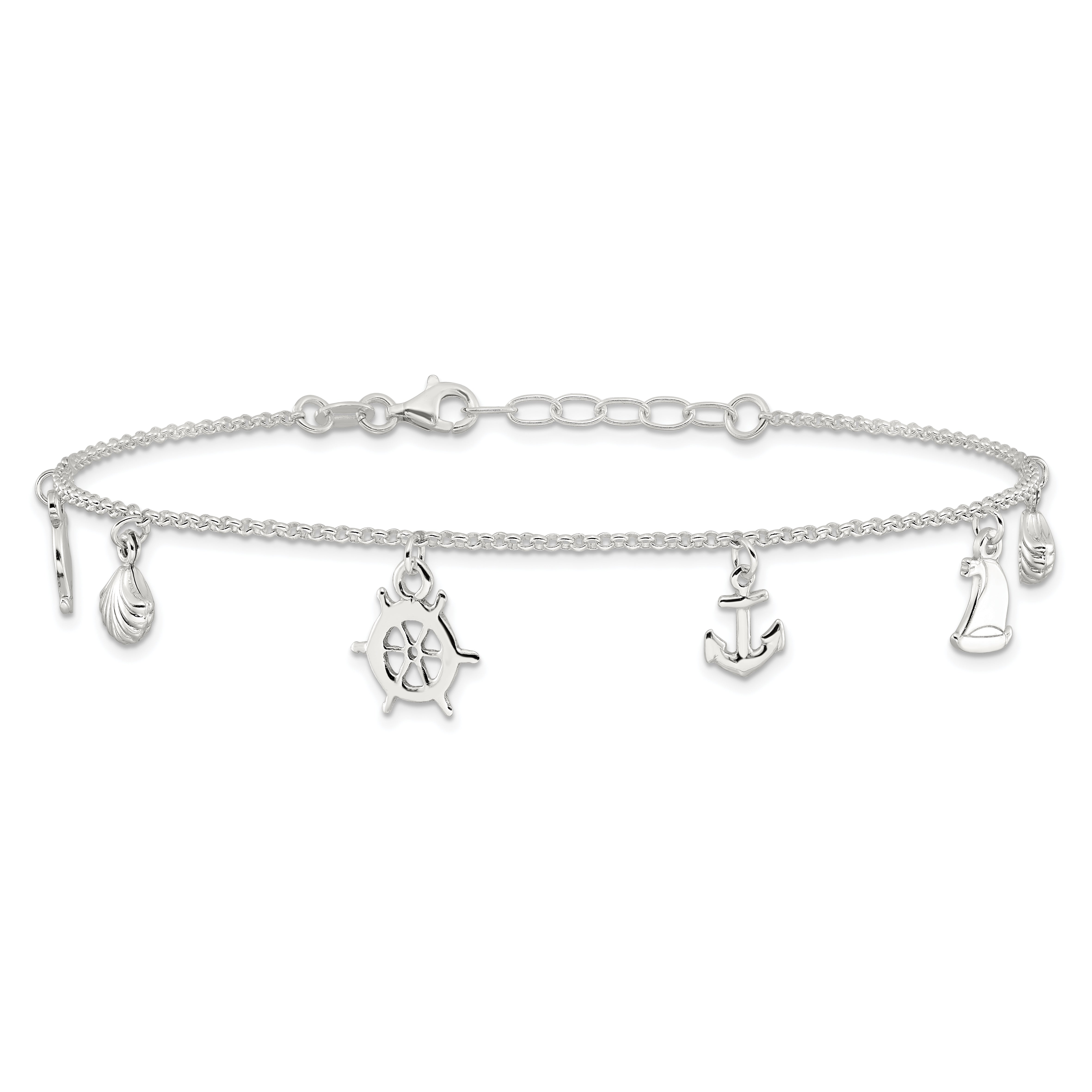 Sterling Silver Ocean Theme Charms 9 inch Plus 1 inch Extender - Total 10 inch Anklet