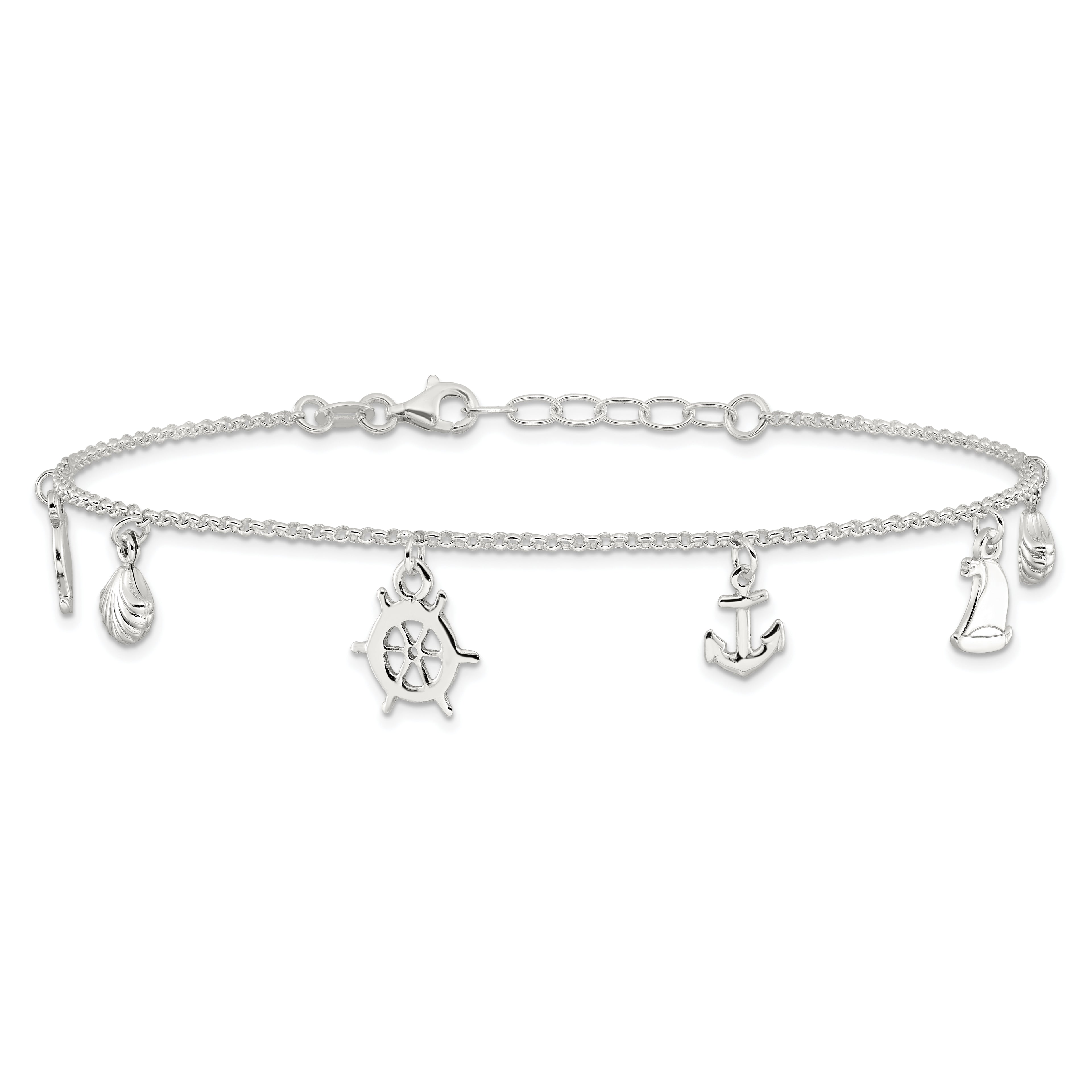 Sterling Silver Ocean Theme Charms 10 inch Plus 1 inch Extender - Total 11 inch Anklet