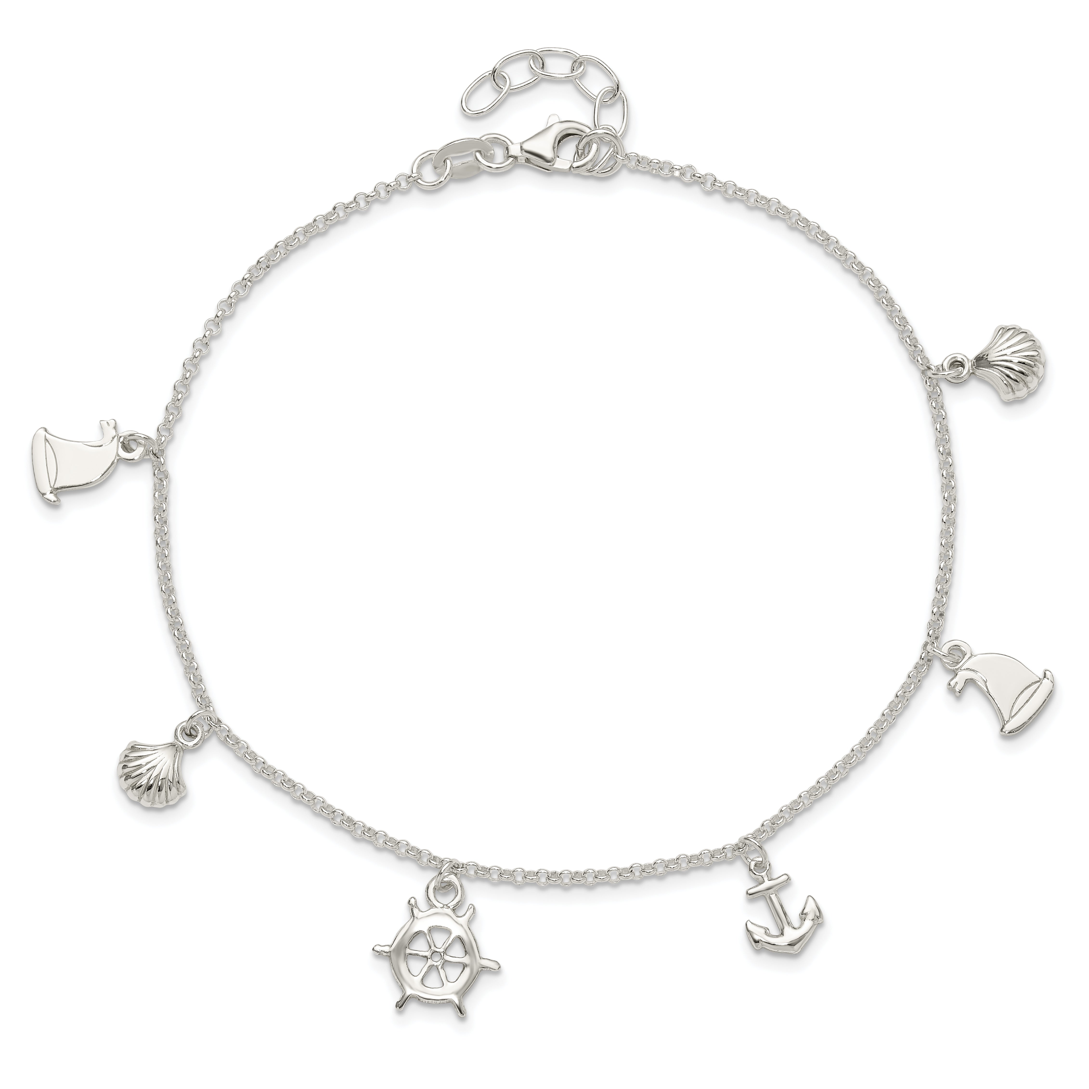 Sterling Silver Ocean Theme Charms 10 inch Plus 1 inch Extender - Total 11 inch Anklet