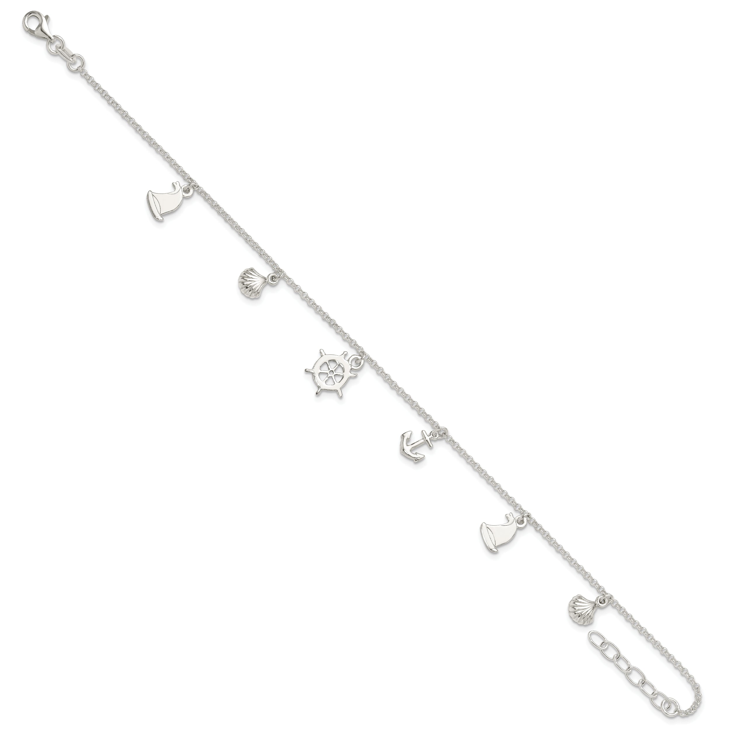 Sterling Silver Ocean Theme Charms 9 inch Plus 1 inch Extender - Total 10 inch Anklet