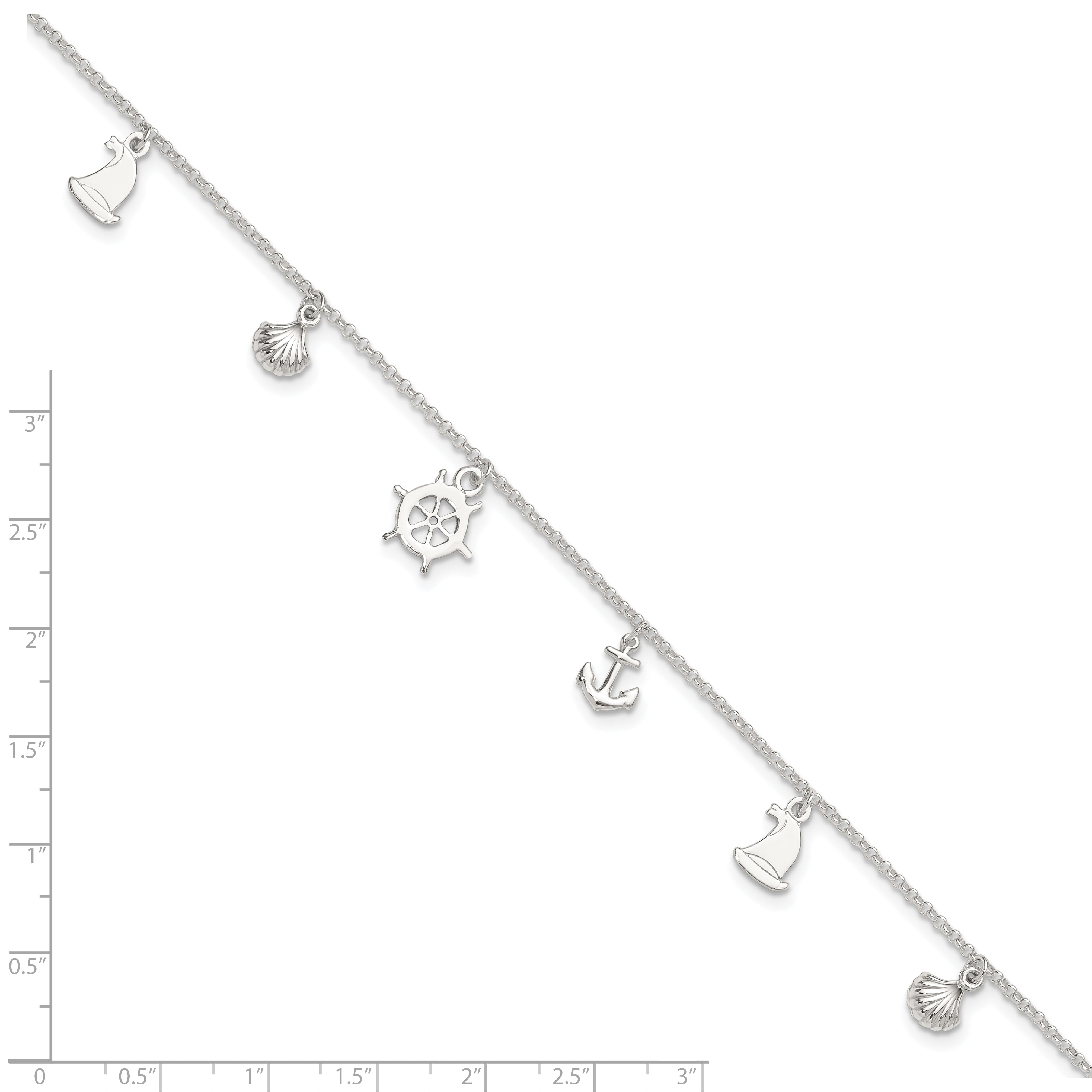 Sterling Silver Ocean Theme Charms 9 inch Plus 1 inch Extender - Total 10 inch Anklet