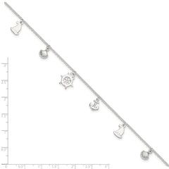 Sterling Silver Ocean Theme Charms 9 inch Plus 1 inch Extender - Total 10 inch Anklet