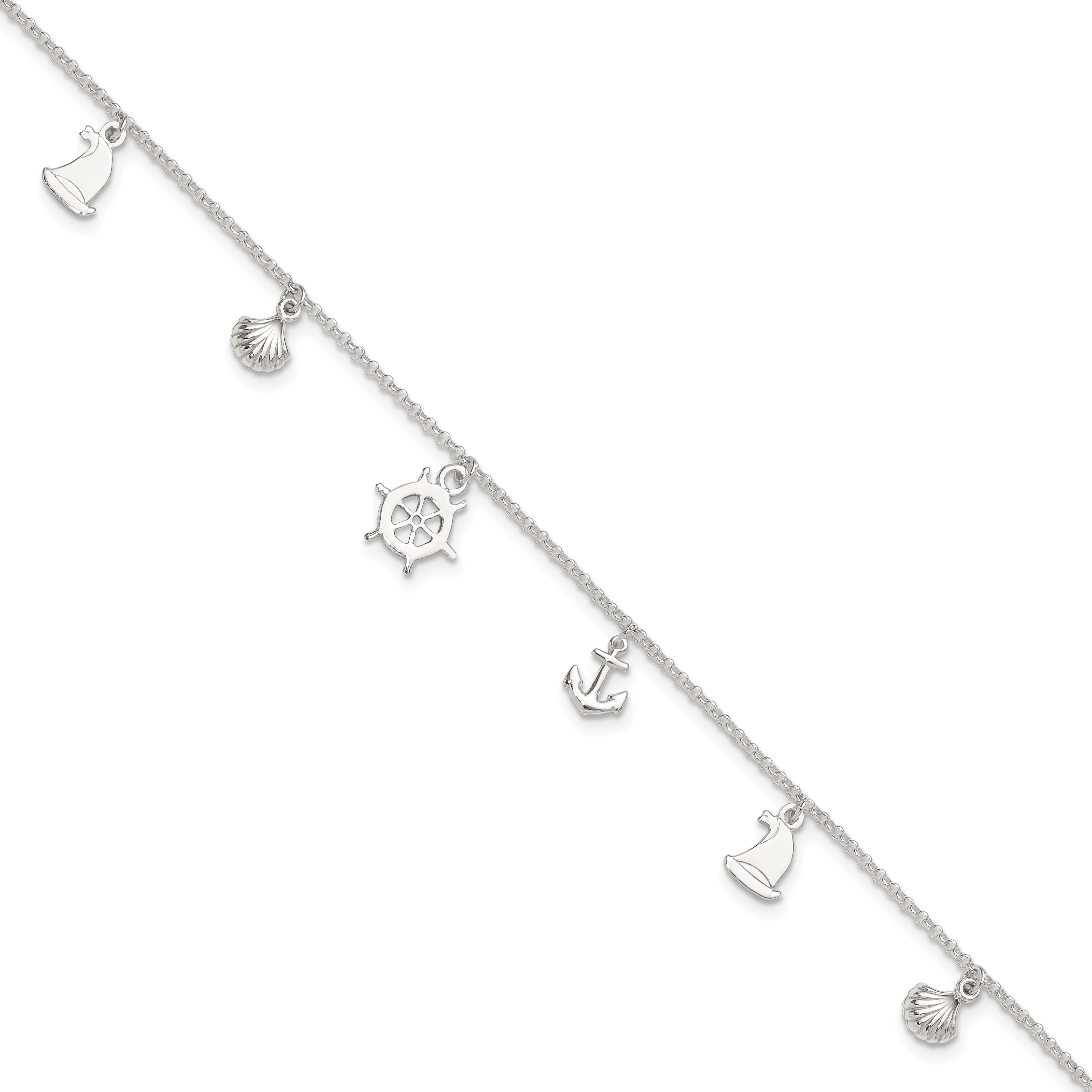 Sterling Silver Ocean Theme Charms 9 inch Plus 1 inch Extender - Total 10 inch Anklet