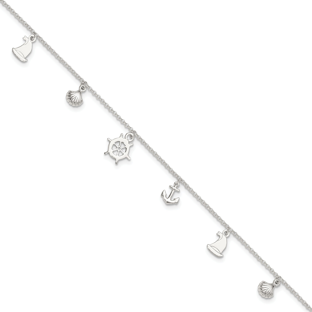 Sterling Silver Ocean Theme Charms 10 inch Plus 1 inch Extender - Total 11 inch Anklet