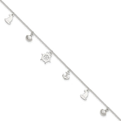Sterling Silver Ocean Theme Charms 10 inch Plus 1 inch Extender - Total 11 inch Anklet