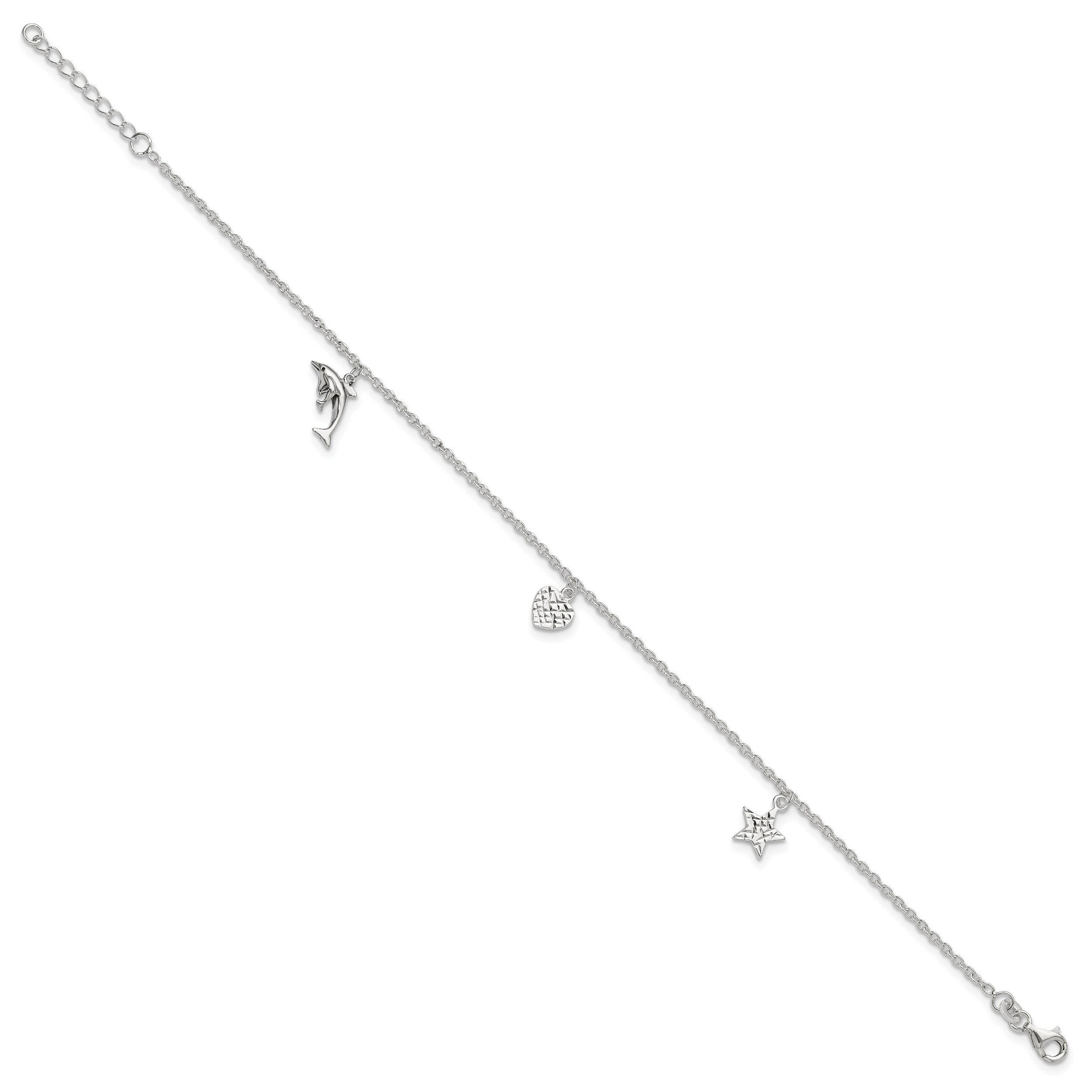 Sterling Silver Heart/Star/Dolphin Charms 9 inch Plus 1 inch Extender - Total 10 inch Anklet Secondary image