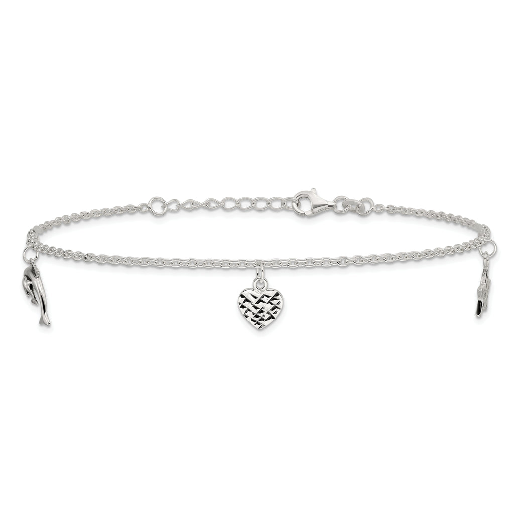 Sterling Silver Heart/Star/Dolphin Charms 10 inch Plus 1 inch Extender - Total 11 inch Anklet
