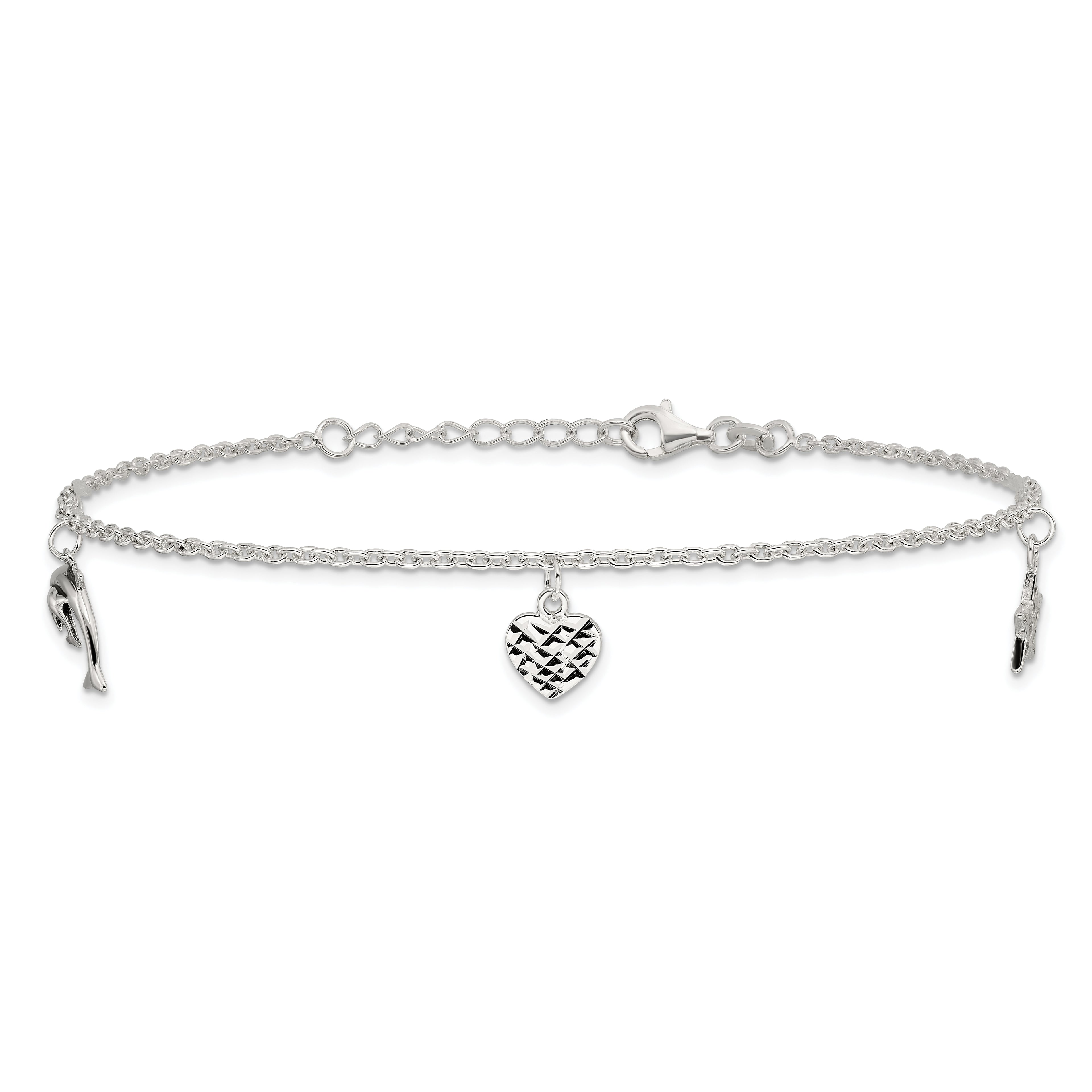 Sterling Silver Heart/Star/Dolphin Charms 10 inch Plus 1 inch Extender - Total 11 inch Anklet