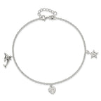 Sterling Silver Heart/Star/Dolphin Charms 10 inch Plus 1 inch Extender - Total 11 inch Anklet