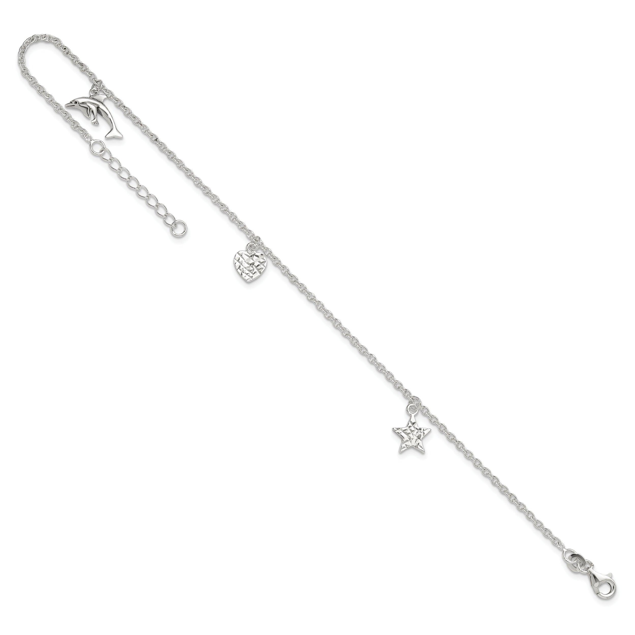 Sterling Silver Heart/Star/Dolphin Charms 9 inch Plus 1 inch Extender - Total 10 inch Anklet