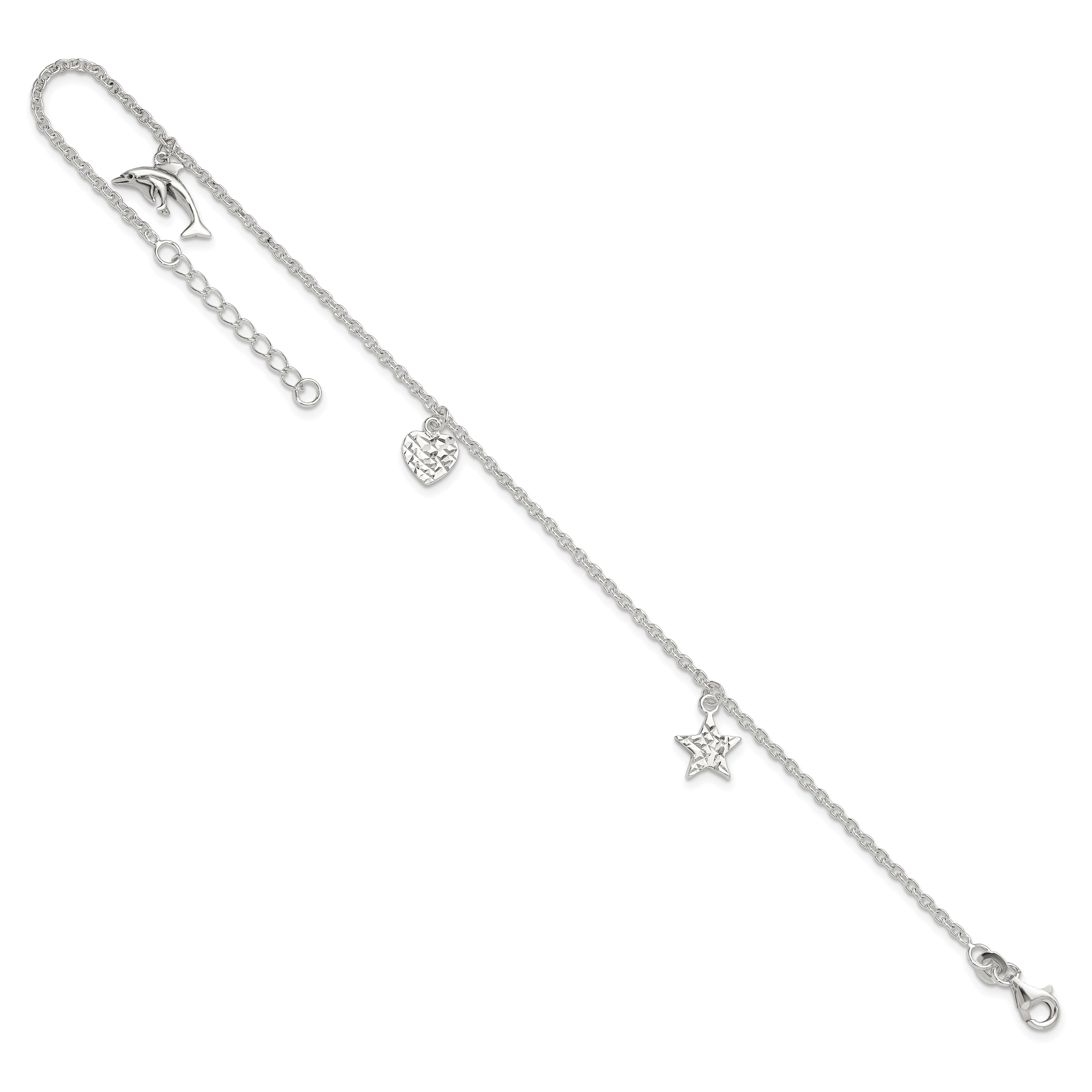 Sterling Silver Heart/Star/Dolphin Charms 9 inch Plus 1 inch Extender - Total 10 inch Anklet