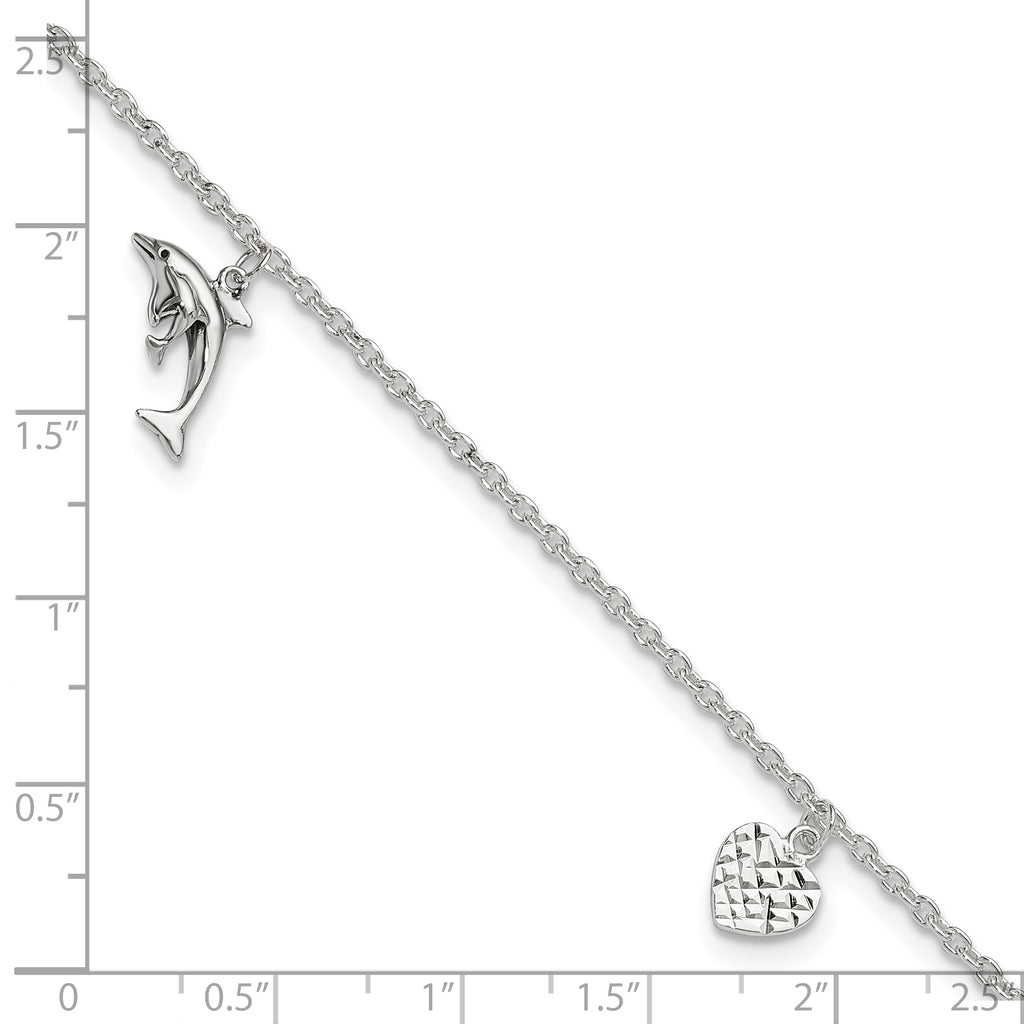 Sterling Silver Heart/Star/Dolphin Charms 9 inch Plus 1 inch Extender - Total 10 inch Anklet