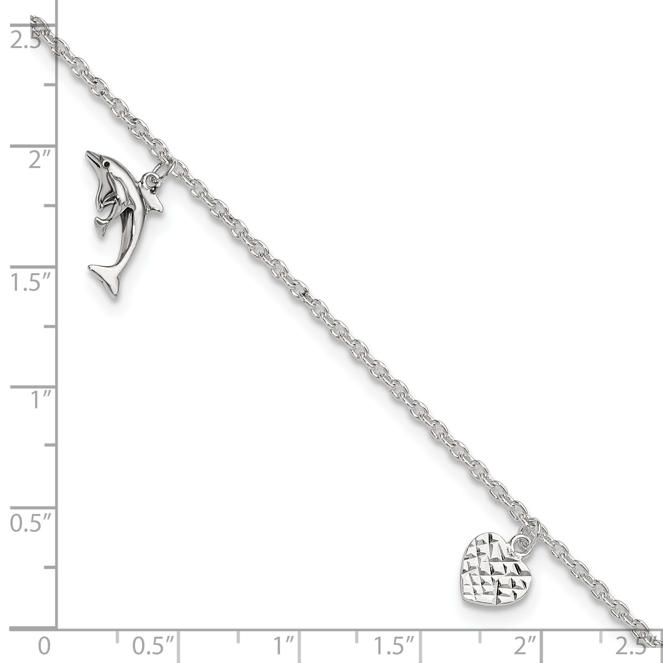 Sterling Silver Heart/Star/Dolphin Charms 9 inch Plus 1 inch Extender - Total 10 inch Anklet