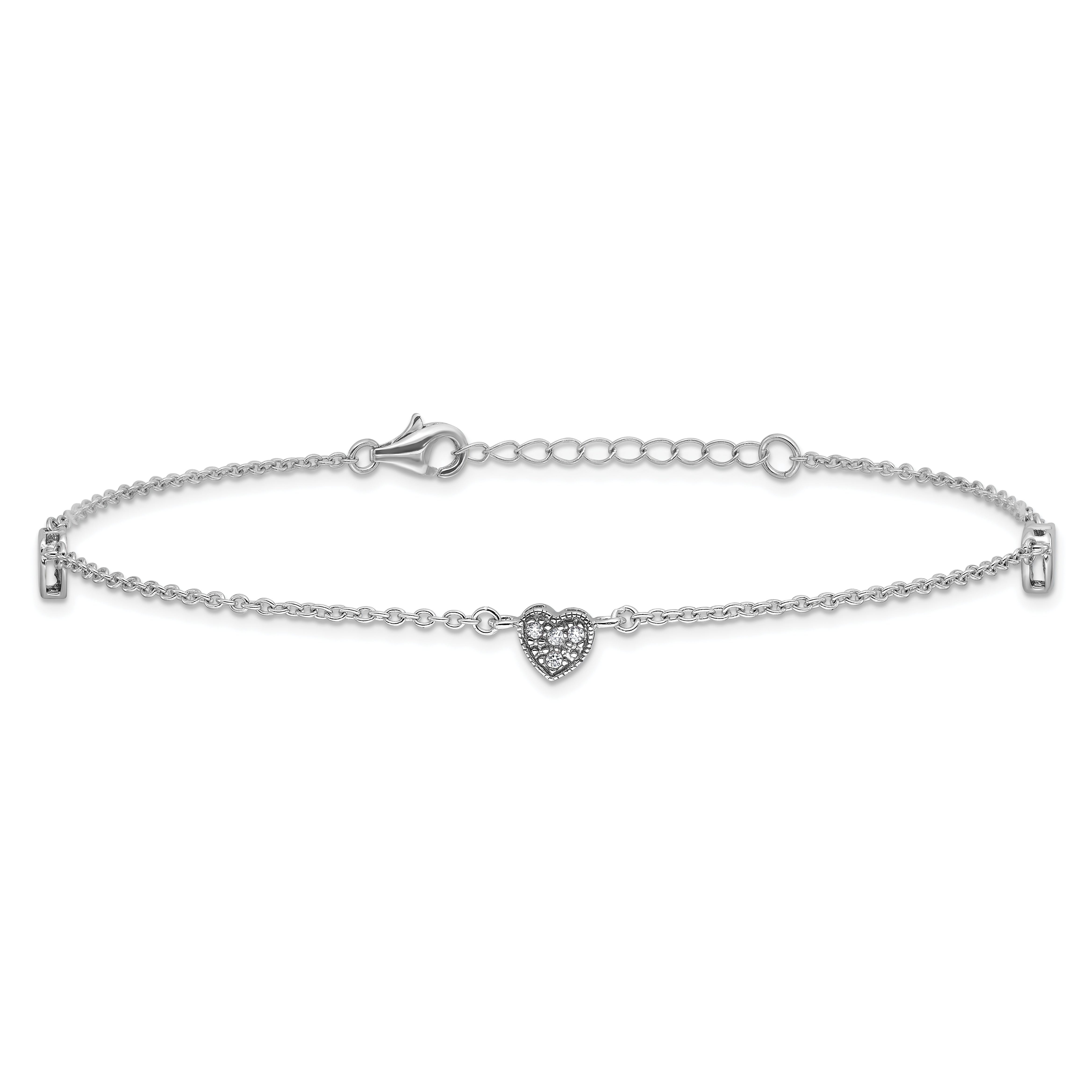 Sterling Silver Rhodium-plated CZ Heart 9 inch Plus 1 inch Extender - Total 10 inch Anklet