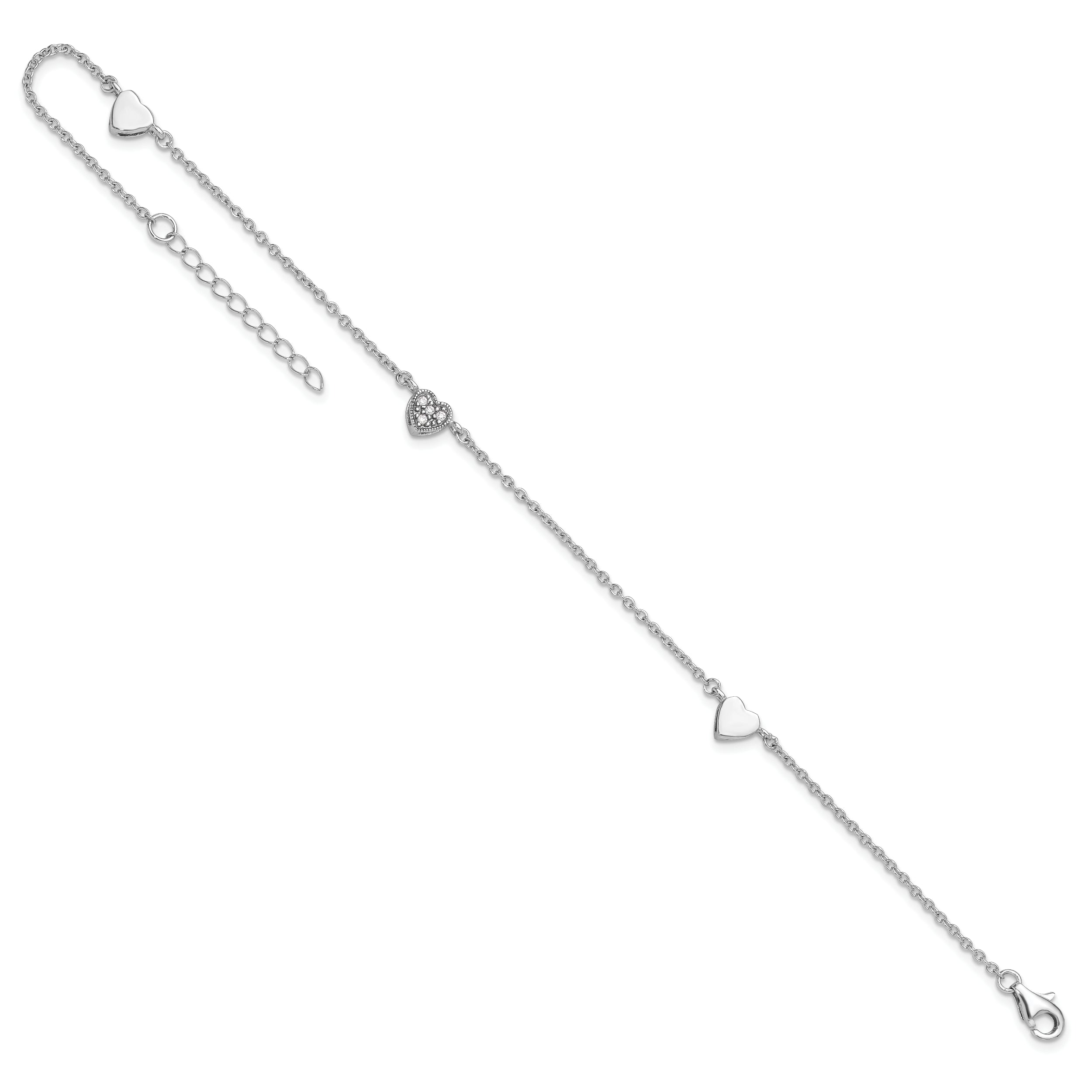 Sterling Silver Rhodium-plated CZ Heart 9 inch Plus 1 inch Extender - Total 10 inch Anklet