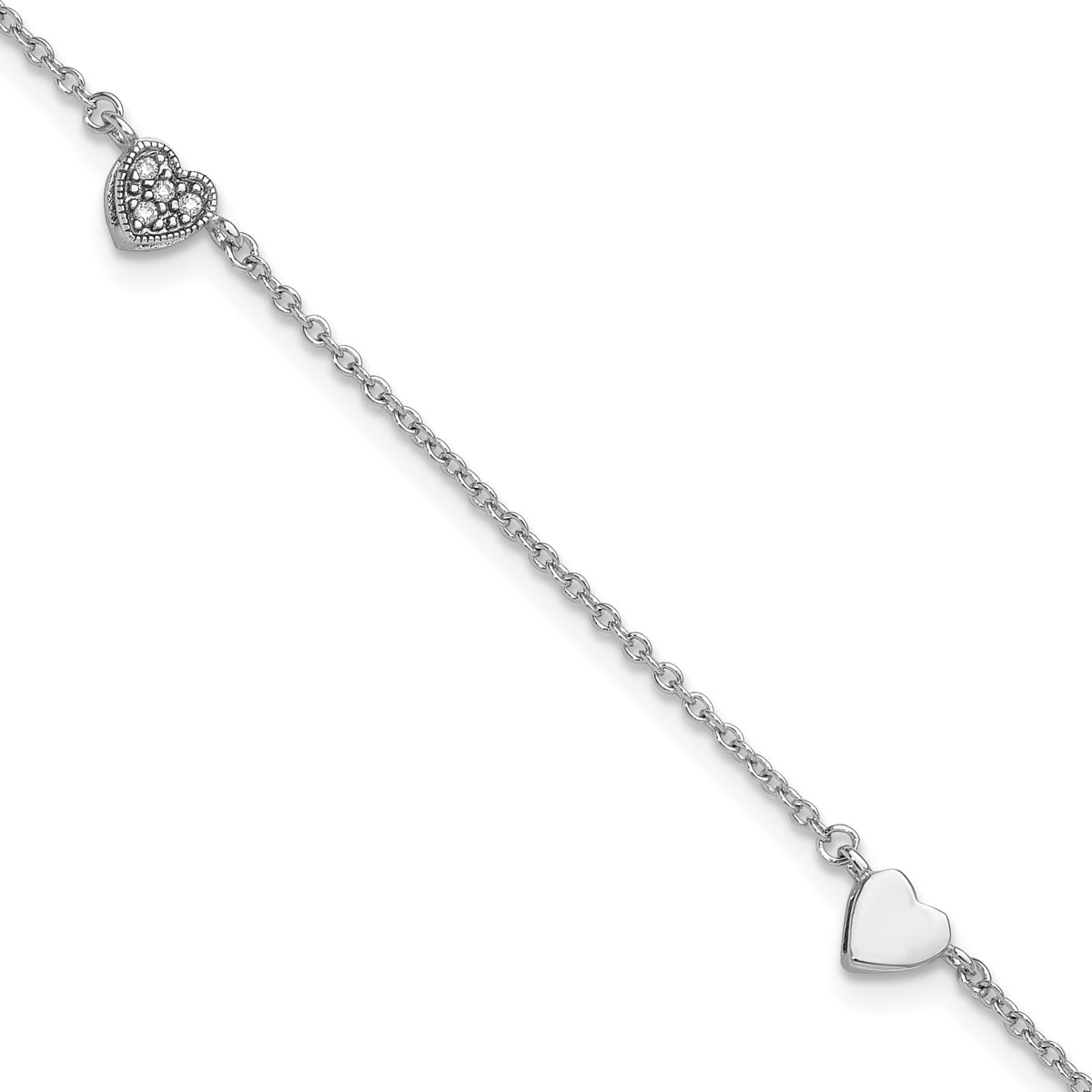 Sterling Silver Rhodium-plated CZ Heart 9 inch Plus 1 inch Extender - Total 10 inch Anklet