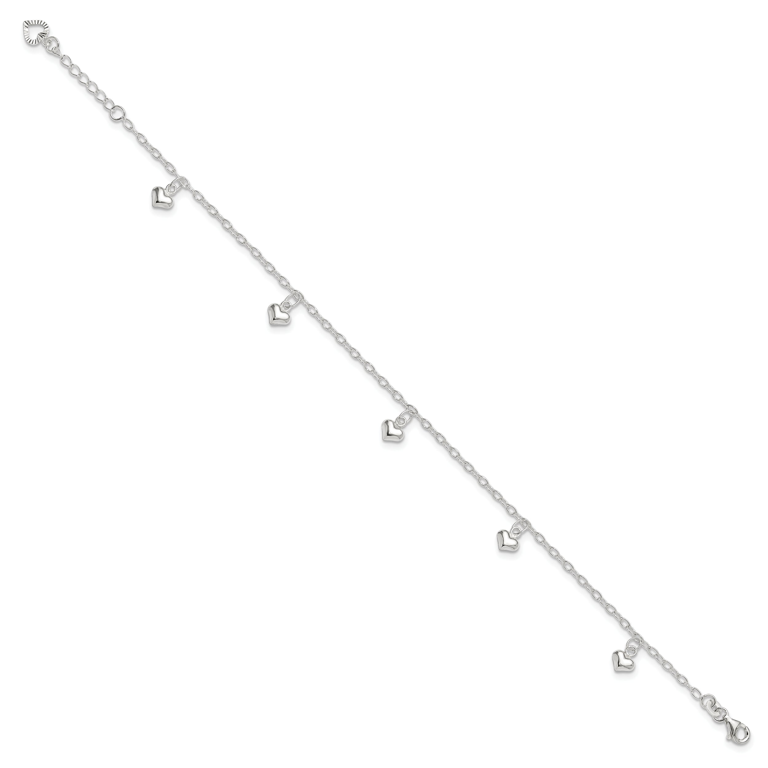 Sterling Silver Puffed Heart Charms 10 inch Plus 1 inch Extender - Total 11 inch Anklet