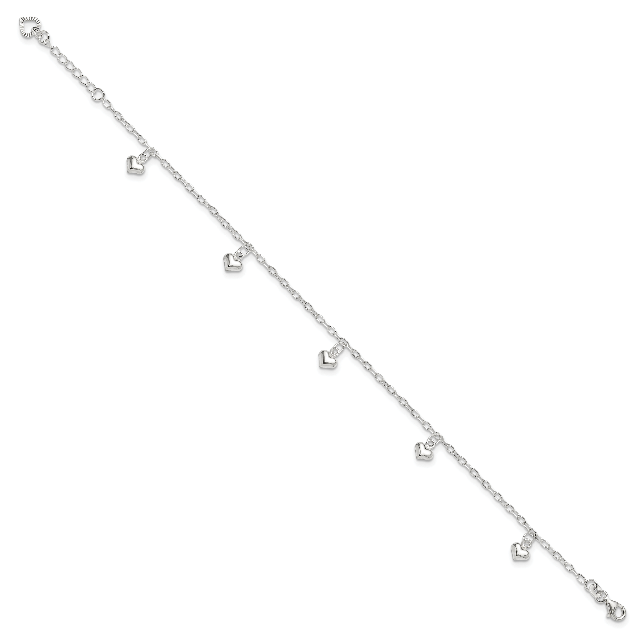 Sterling Silver Puffed Heart Charms 10 inch Plus 1 inch Extender - Total 11 inch Anklet
