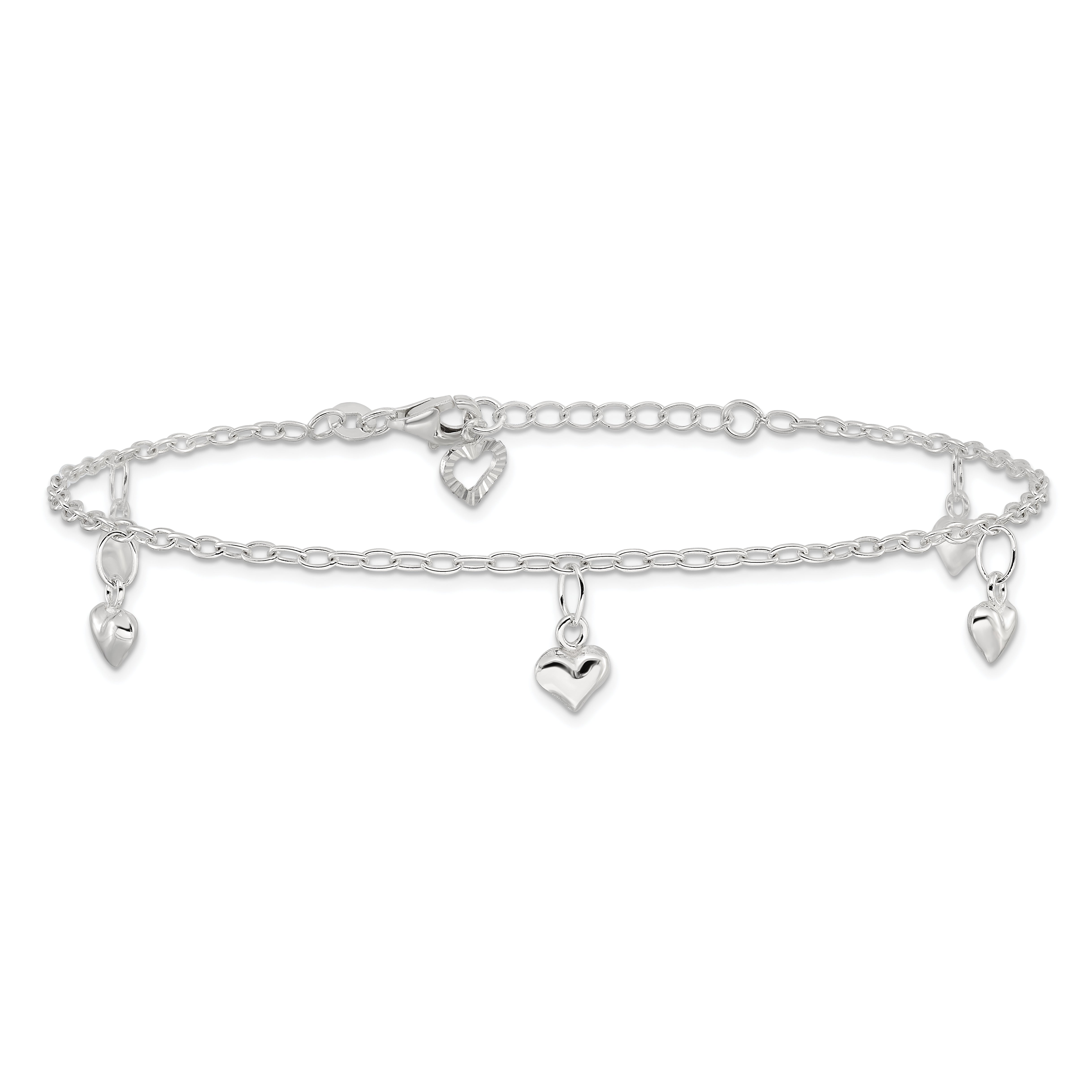 Sterling Silver Puffed Heart Charms 10 inch Plus 1 inch Extender - Total 11 inch Anklet