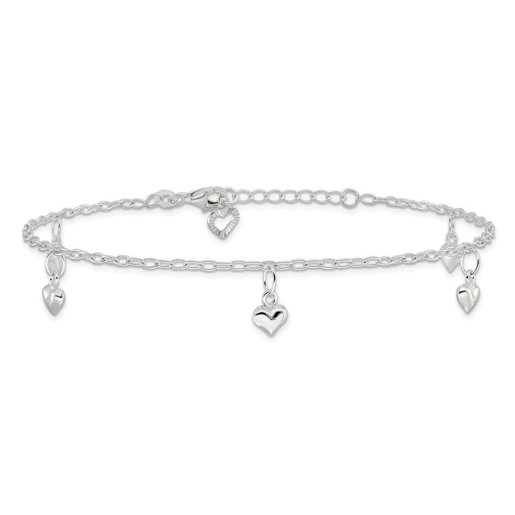 Sterling Silver Puffed Heart Charms 10 inch Plus 1 inch Extender - Total 11 inch Anklet