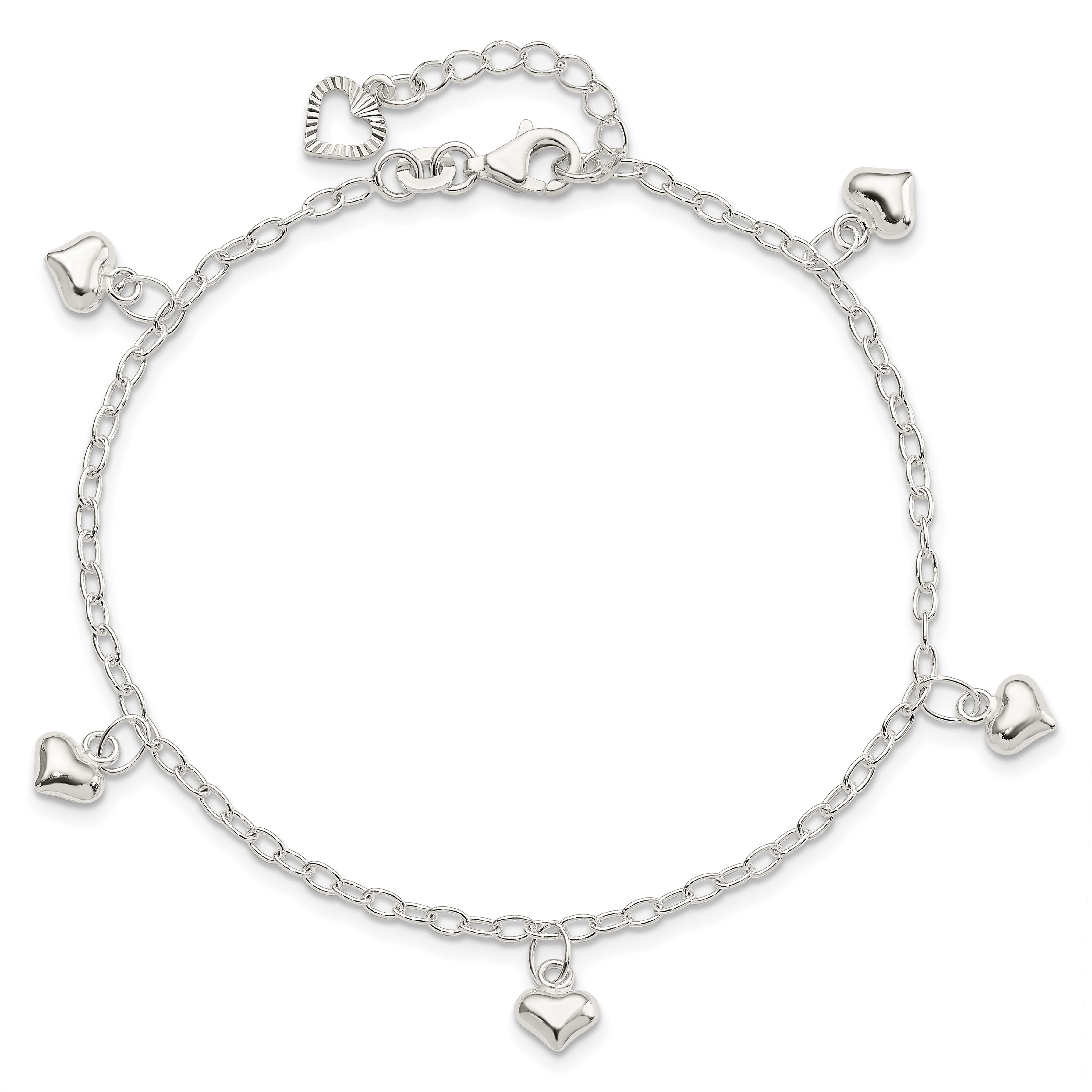 Sterling Silver Puffed Heart Charms 10 inch Plus 1 inch Extender - Total 11 inch Anklet