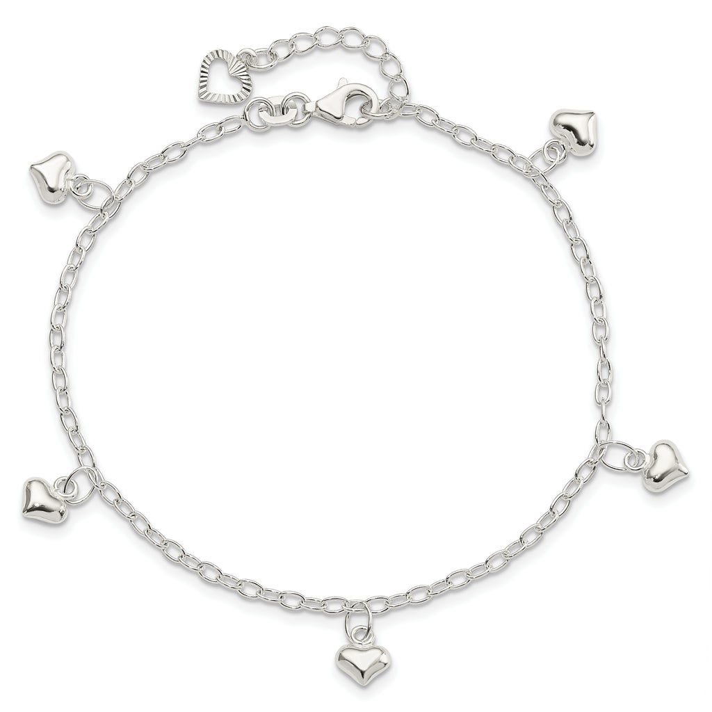 Sterling Silver Puffed Heart Charms 10 inch Plus 1 inch Extender - Total 11 inch Anklet