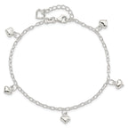 Sterling Silver Puffed Heart Charms 10 inch Plus 1 inch Extender - Total 11 inch Anklet
