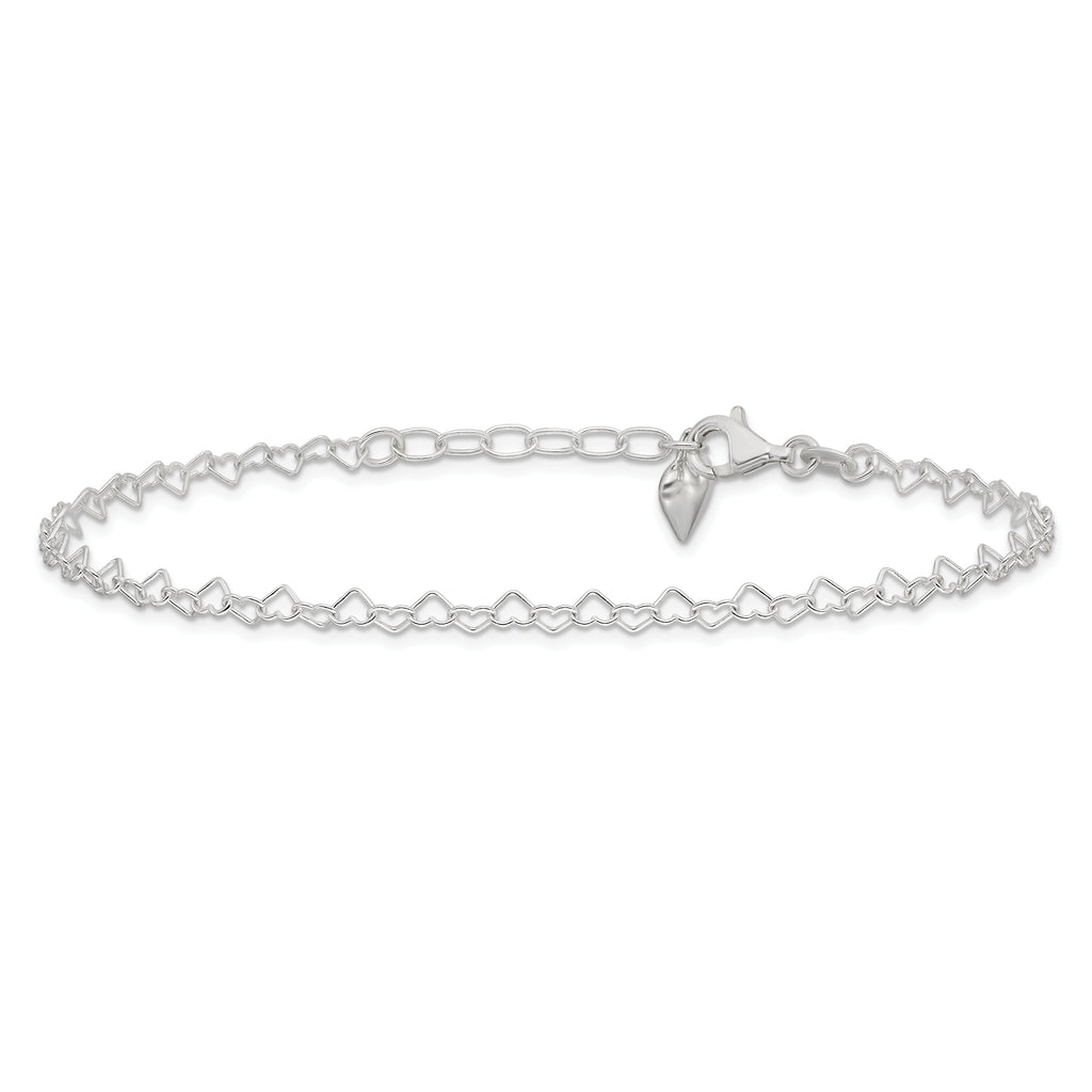 Sterling Silver Puffed Heart Dangle 9 inch Plus 1 inch Extender - Total 10 inch Anklet