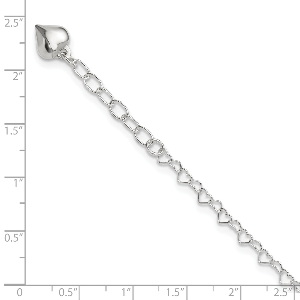 Sterling Silver Puffed Heart Dangle 9 inch Plus 1 inch Extender - Total 10 inch Anklet