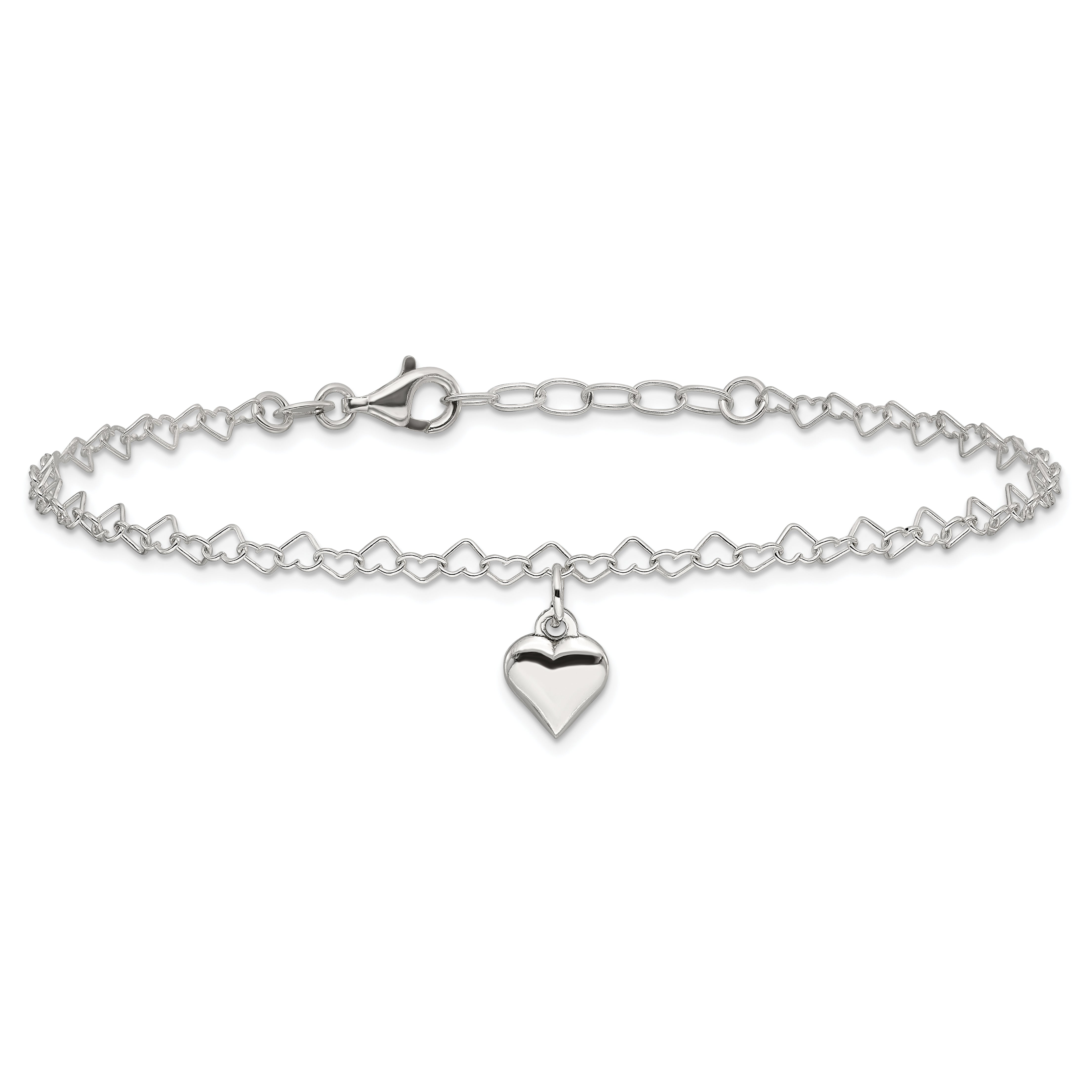 Sterling Silver Puffed Heart Charm 9 inch Plus 1 inch Extender - Total 10 inch Anklet
