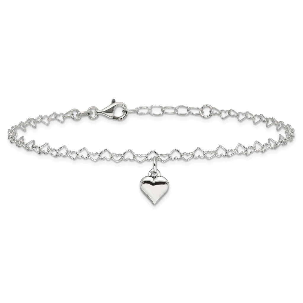 Sterling Silver Puffed Heart Charm 9 inch Plus 1 inch Extender - Total 10 inch Anklet