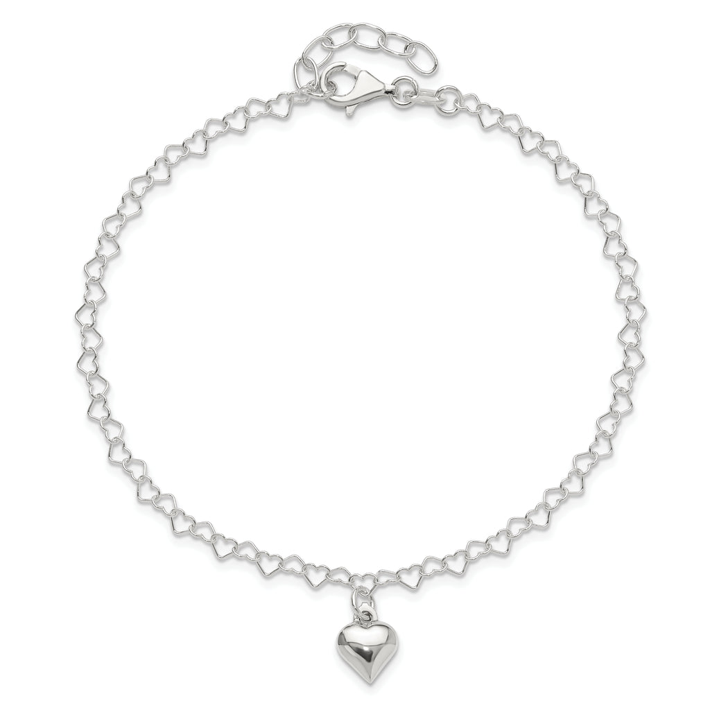 Sterling Silver Puffed Heart Charm 9 inch Plus 1 inch Extender - Total 10 inch Anklet