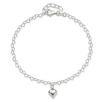 Sterling Silver Puffed Heart Charm 9 inch Plus 1 inch Extender - Total 10 inch Anklet