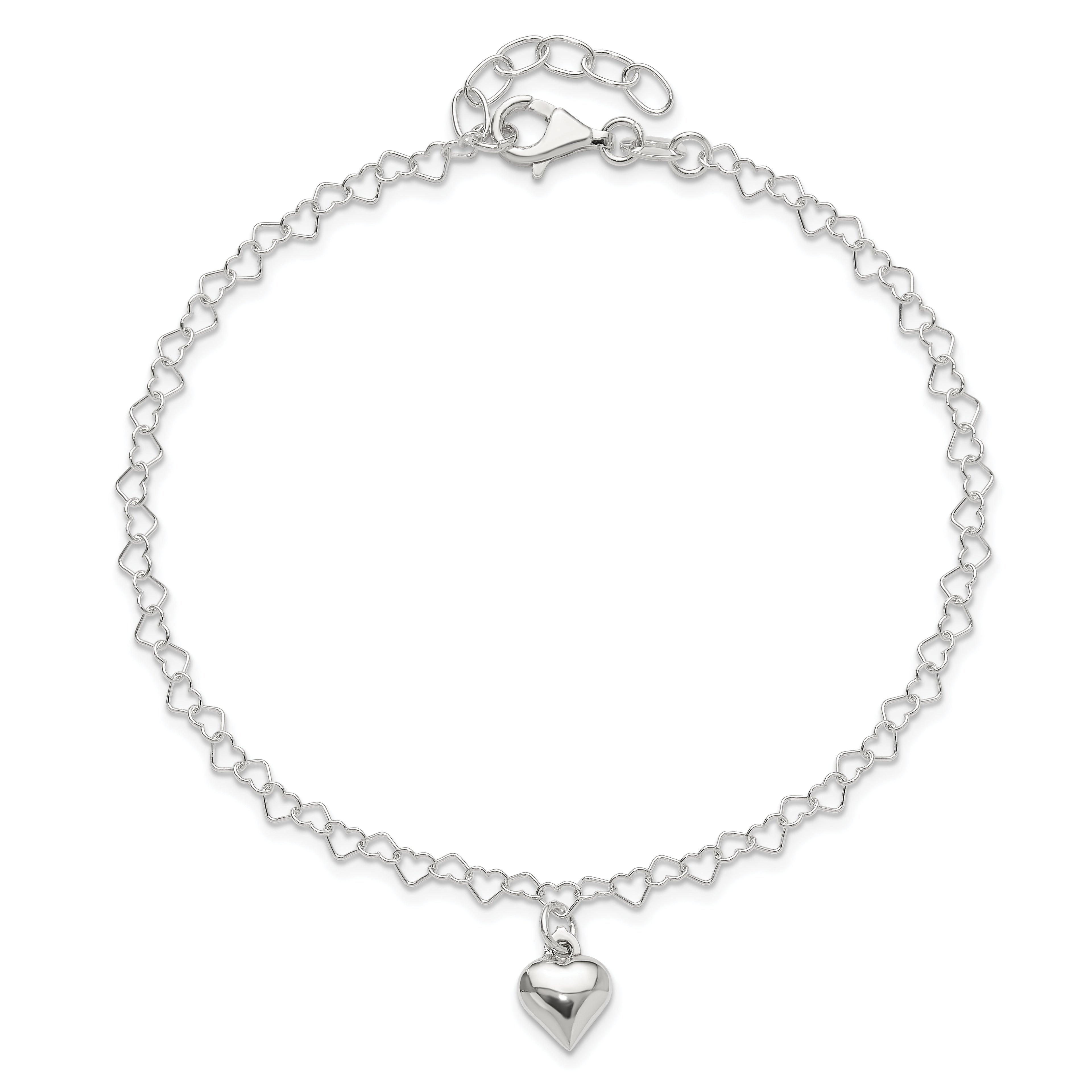 Sterling Silver Puffed Heart Charm 9 inch Plus 1 inch Extender - Total 10 inch Anklet