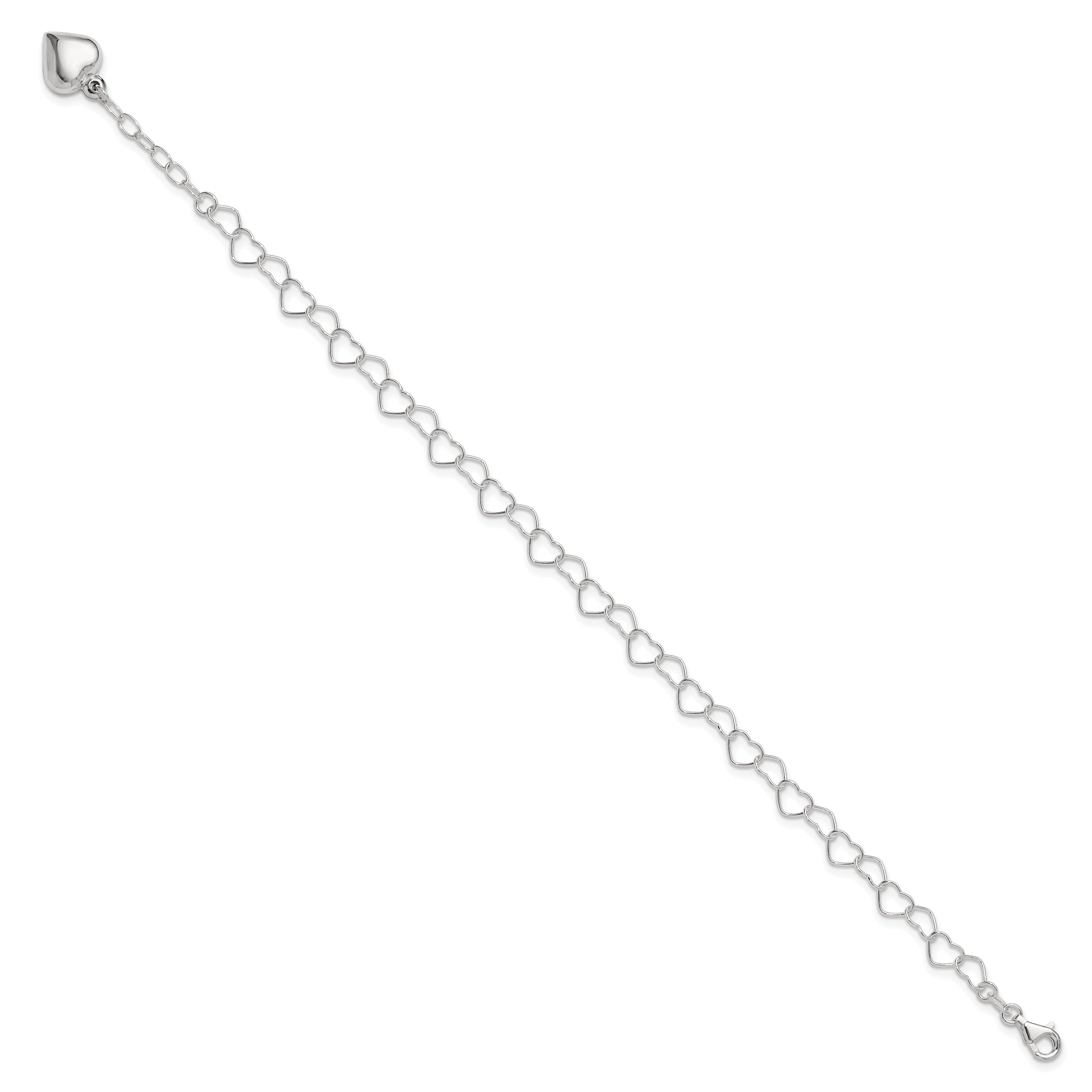Sterling Silver Puffed Heart Dangle 10 inch Plus 1 inch Extender - Total 11 inch Anklet