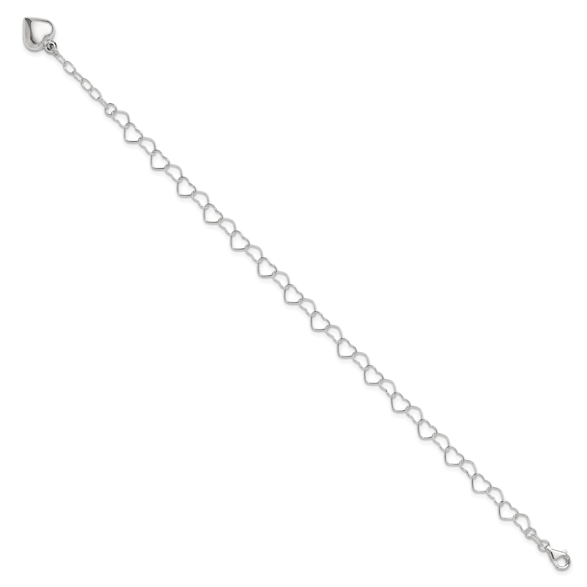 Sterling Silver Puffed Heart Dangle 10 inch Plus 1 inch Extender - Total 11 inch Anklet