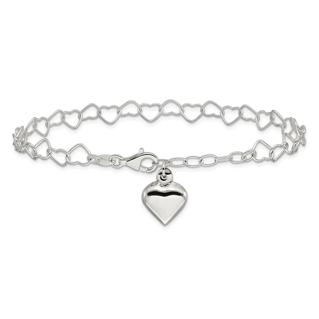 Sterling Silver Puffed Heart Dangle 10 inch Plus 1 inch Extender - Total 11 inch Anklet